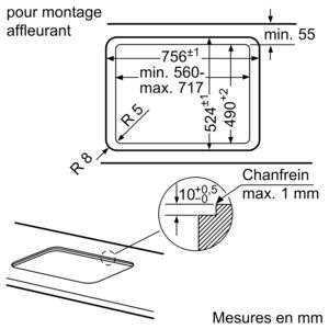 A diagram with measurements of a rectangular cut-out, dimensions and a close-up of an edge.