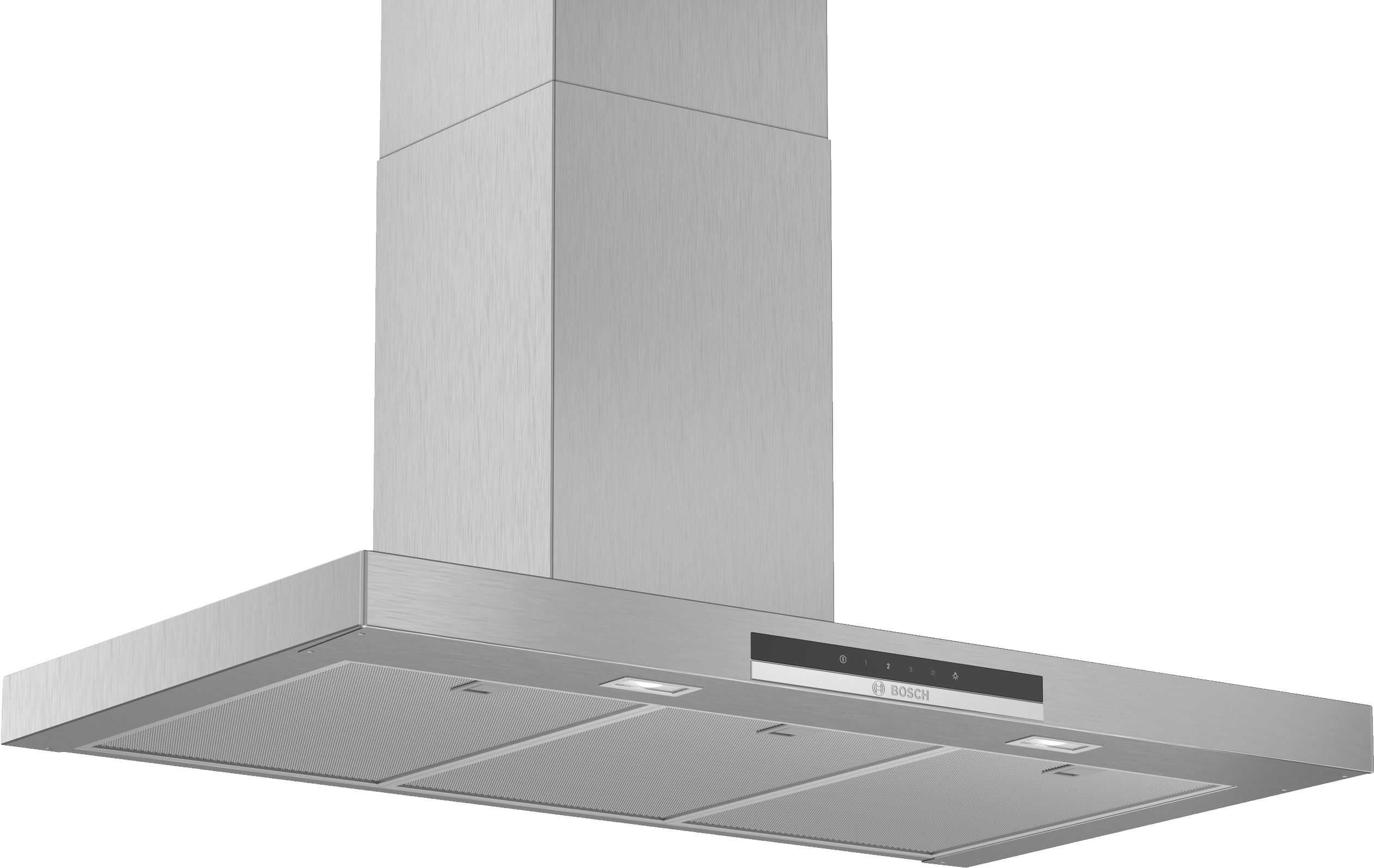 Hotte aspirante argentée, vue en angle. Forme rectangulaire, lumières et panneau de contrôle.