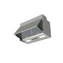 Kleine Edelstahl-Dunstabzugshaube mit Glasabdeckung und zwei Lichtern. Die Abdeckung ist offen.