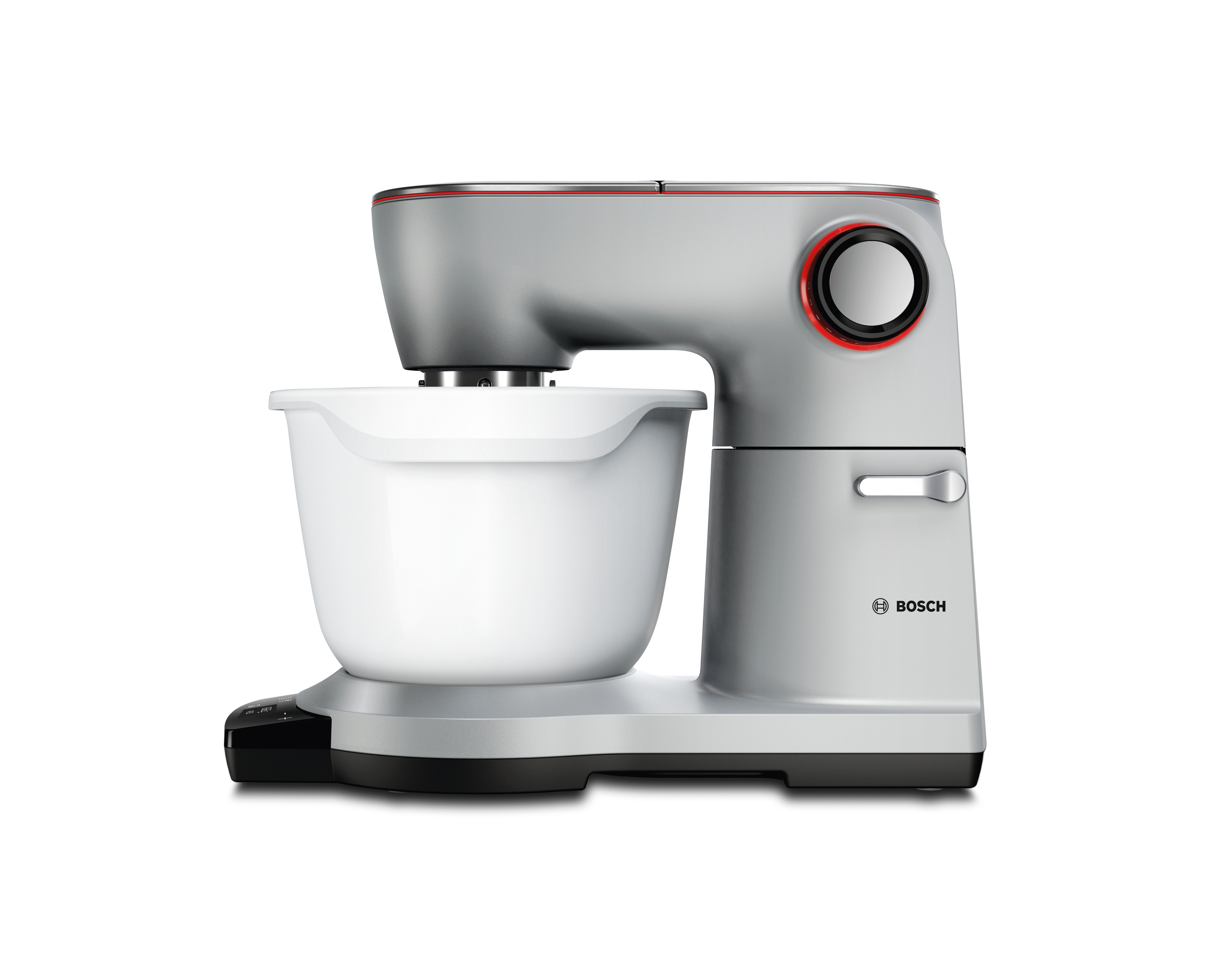 Silber-graue Küchenmaschine mit weißer Schüssel. Weißer Hintergrund.
