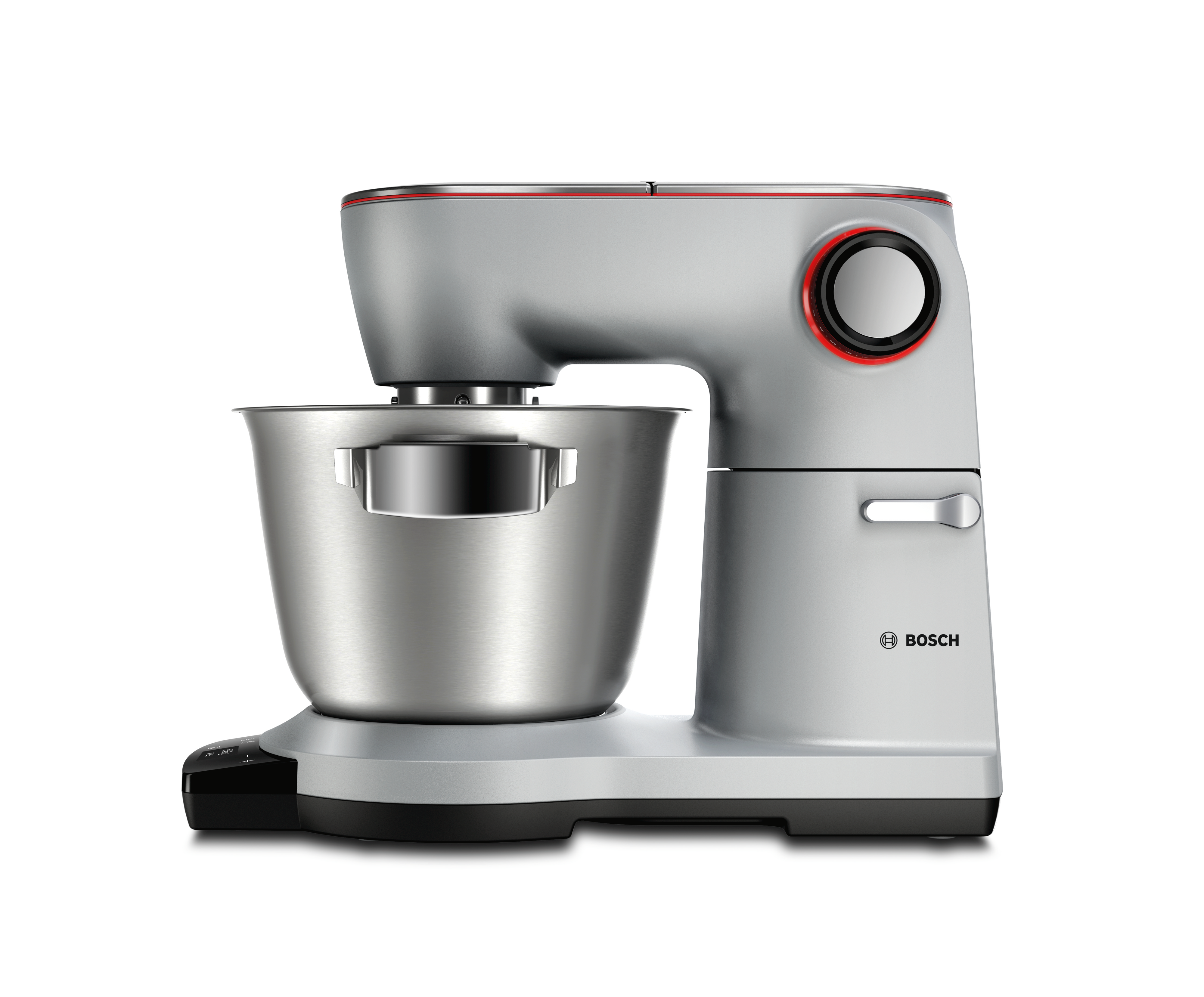 Ein grauer Küchenmixer mit roten Akzenten. Eine Edelstahlschüssel befindet sich davor.