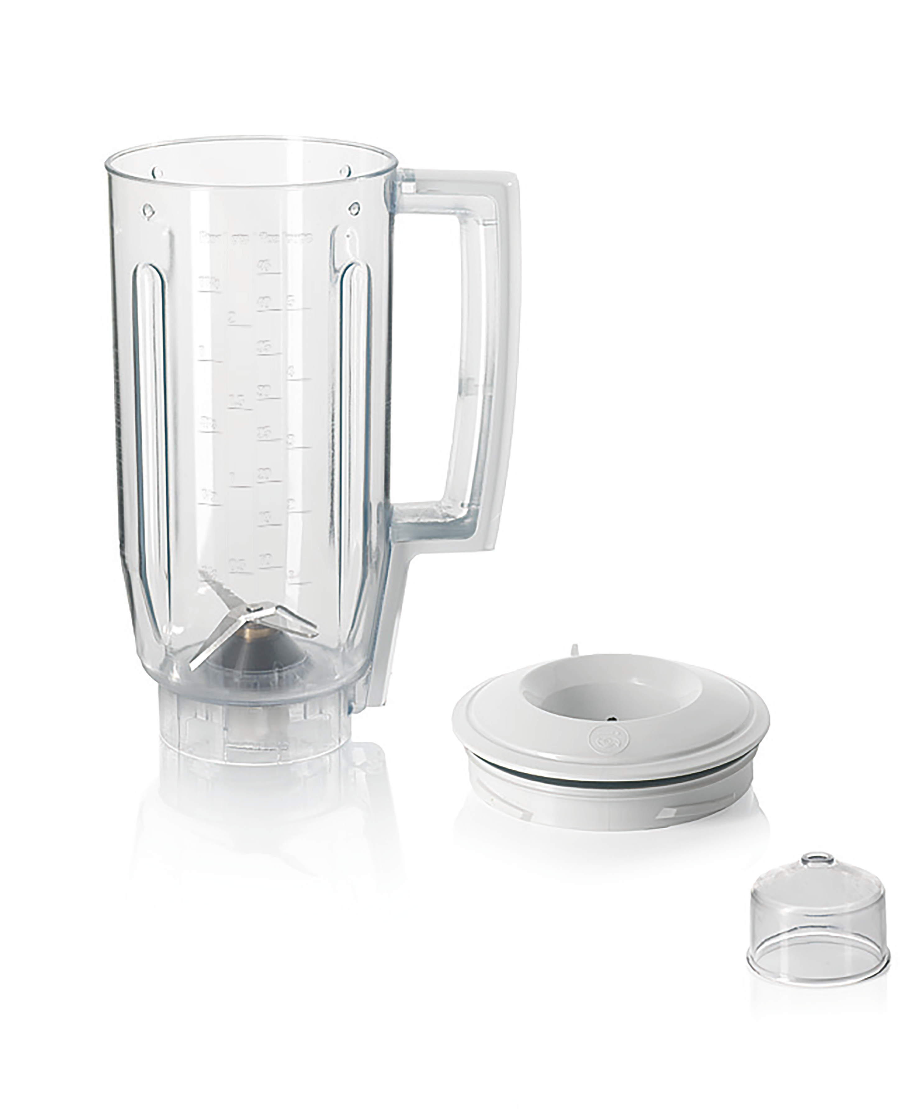 Mixer-Komponenten. Transparenter Krug, Messer, weißer Deckel, kleine Kappe.