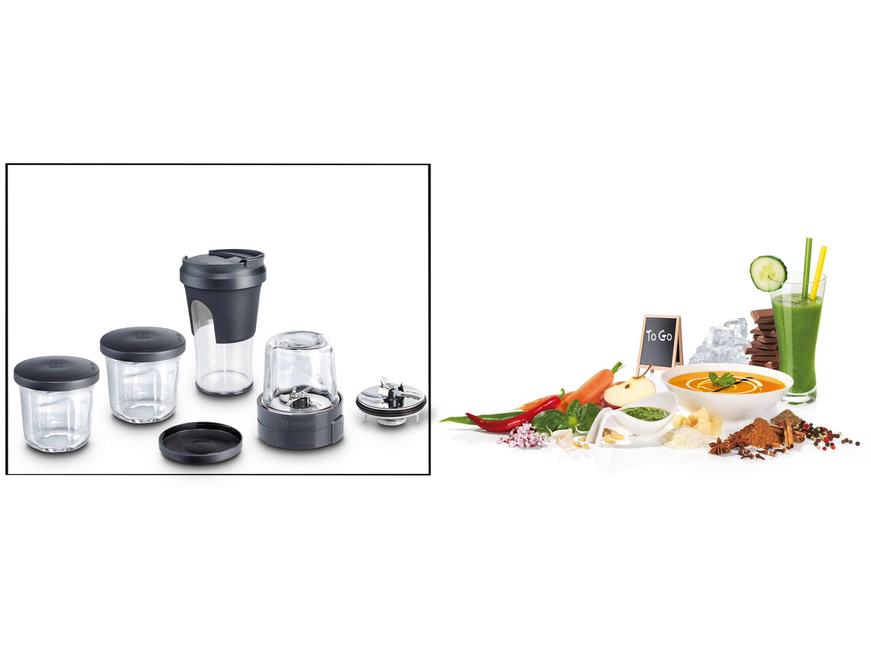 Mixer-Komponenten und Zutaten. Enthält einen Mixbehälter, einen To-Go-Becher und Gemüse.