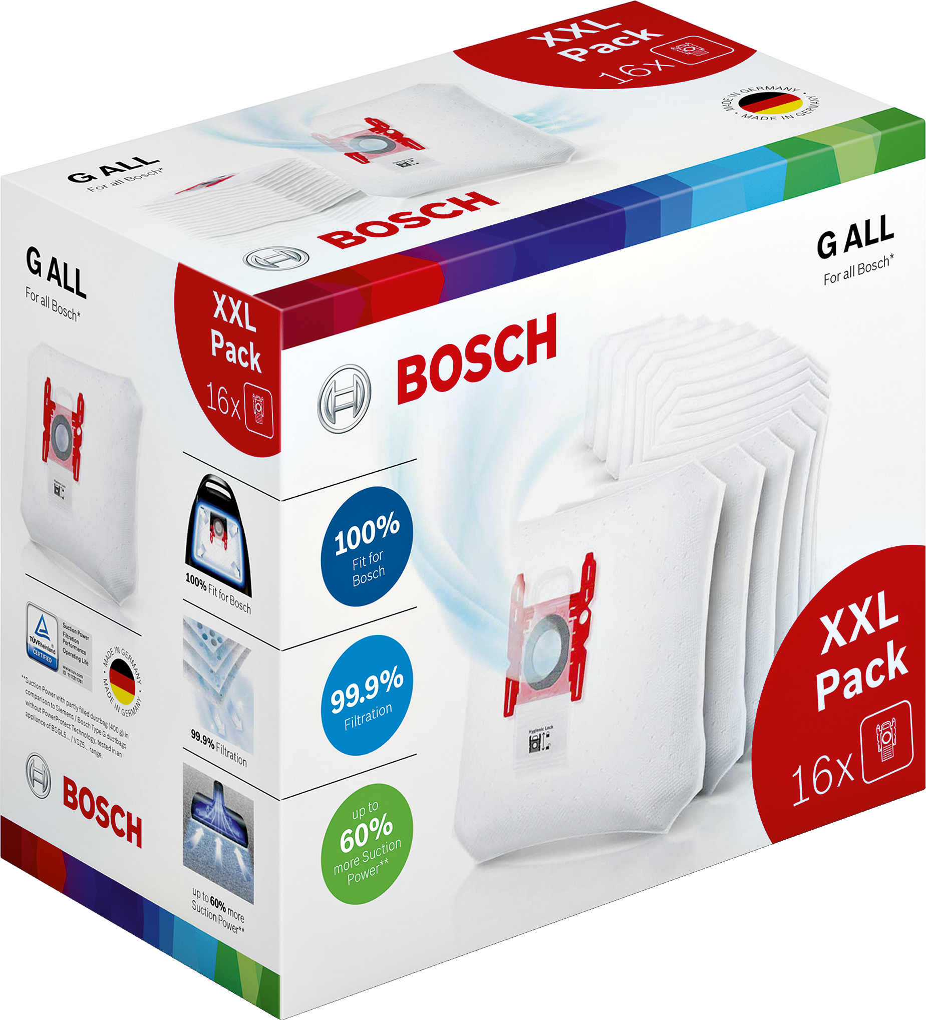 Bosch Staubsaugerbeutel in einer Box. Merkmale und Etiketten sind sichtbar.