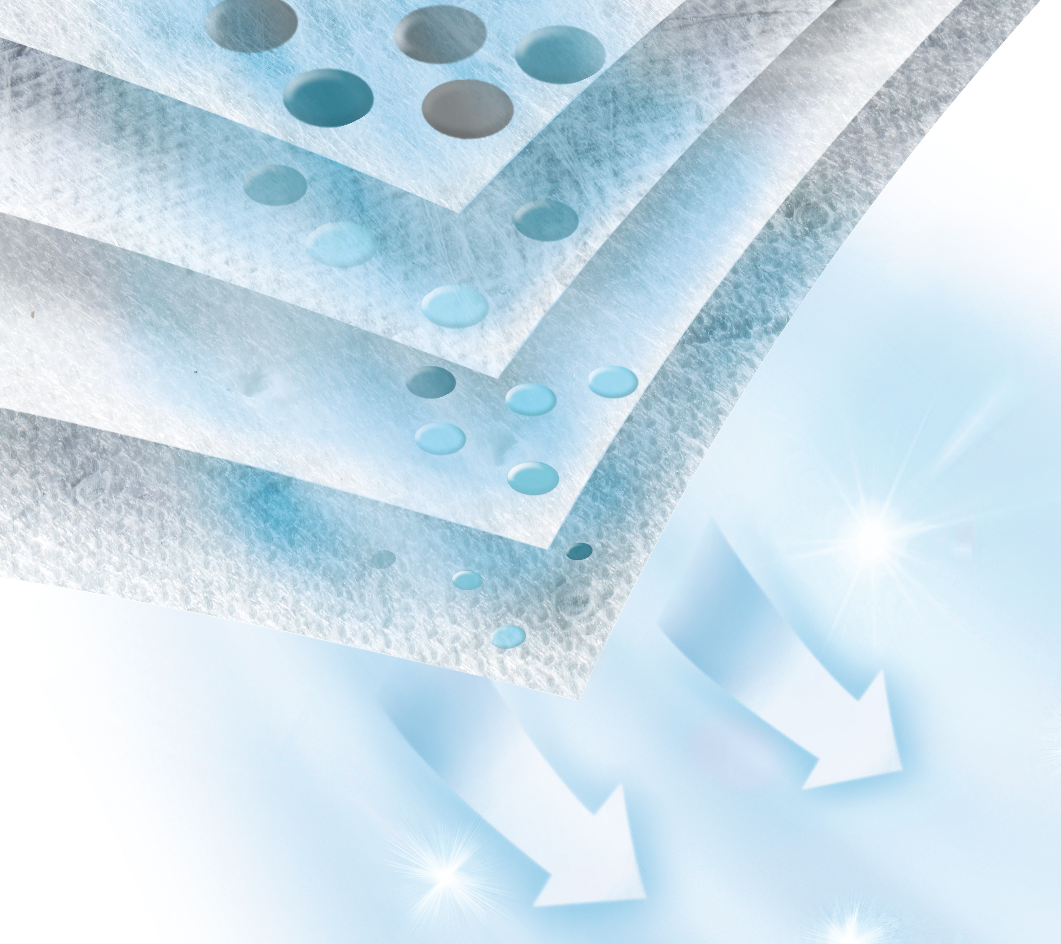 Nahaufnahme von geschichtetem Filtermaterial mit Wassertröpfchen und Pfeilen.
