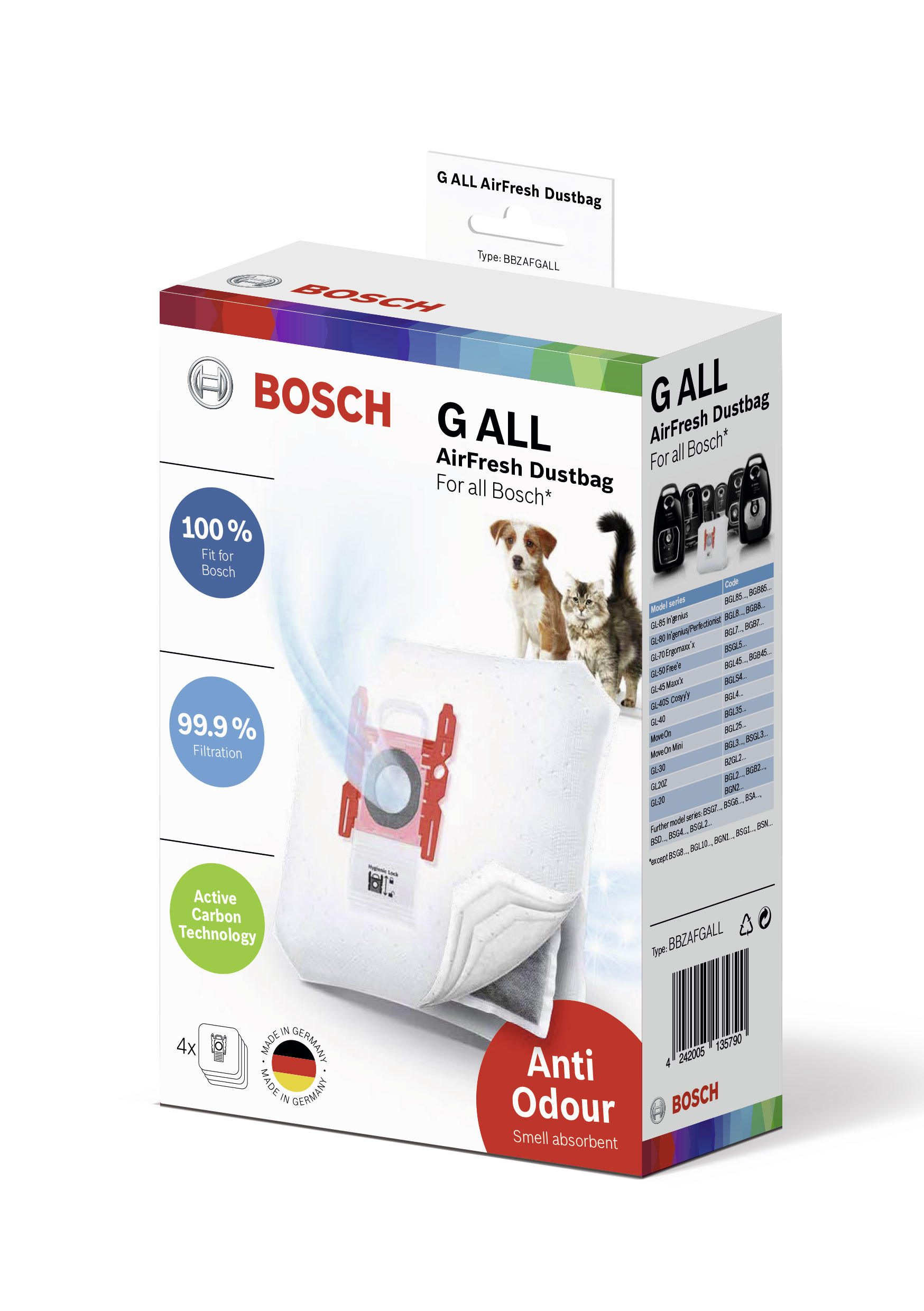 Box mit G ALL AirFresh Staubbeutel. Merkmale: 100% passend für Bosch, geruchsneutral.