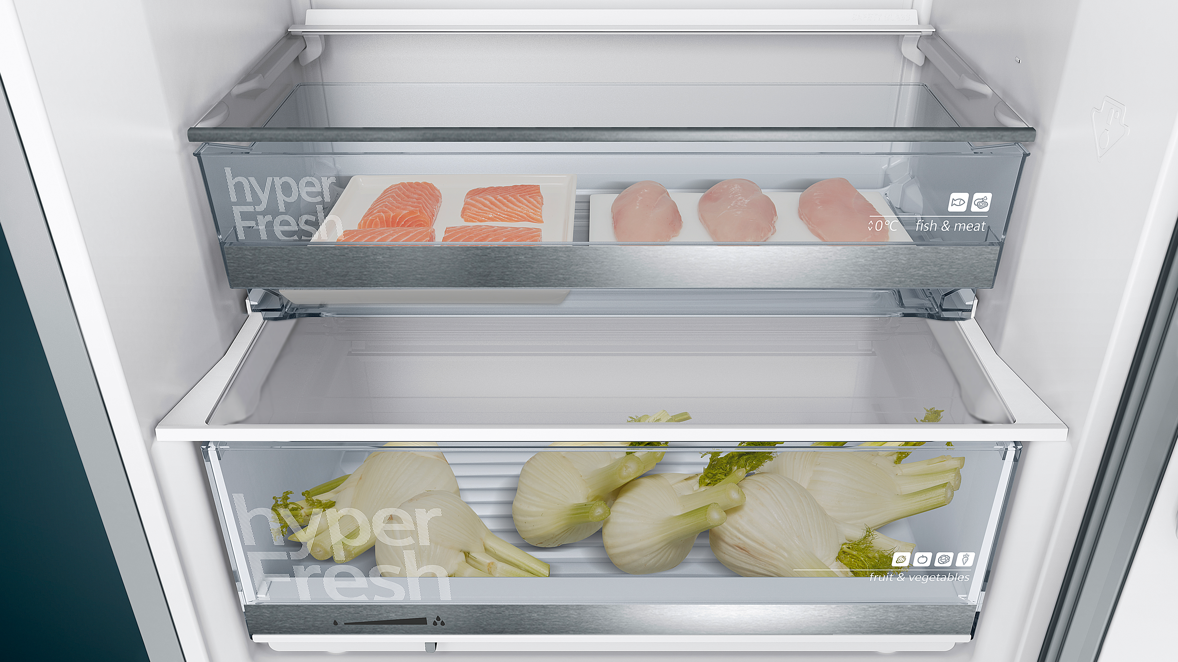 Refrigerator interior, HyperFresh drawers. Salmon and meat in one, fennel in the other, clear glass.