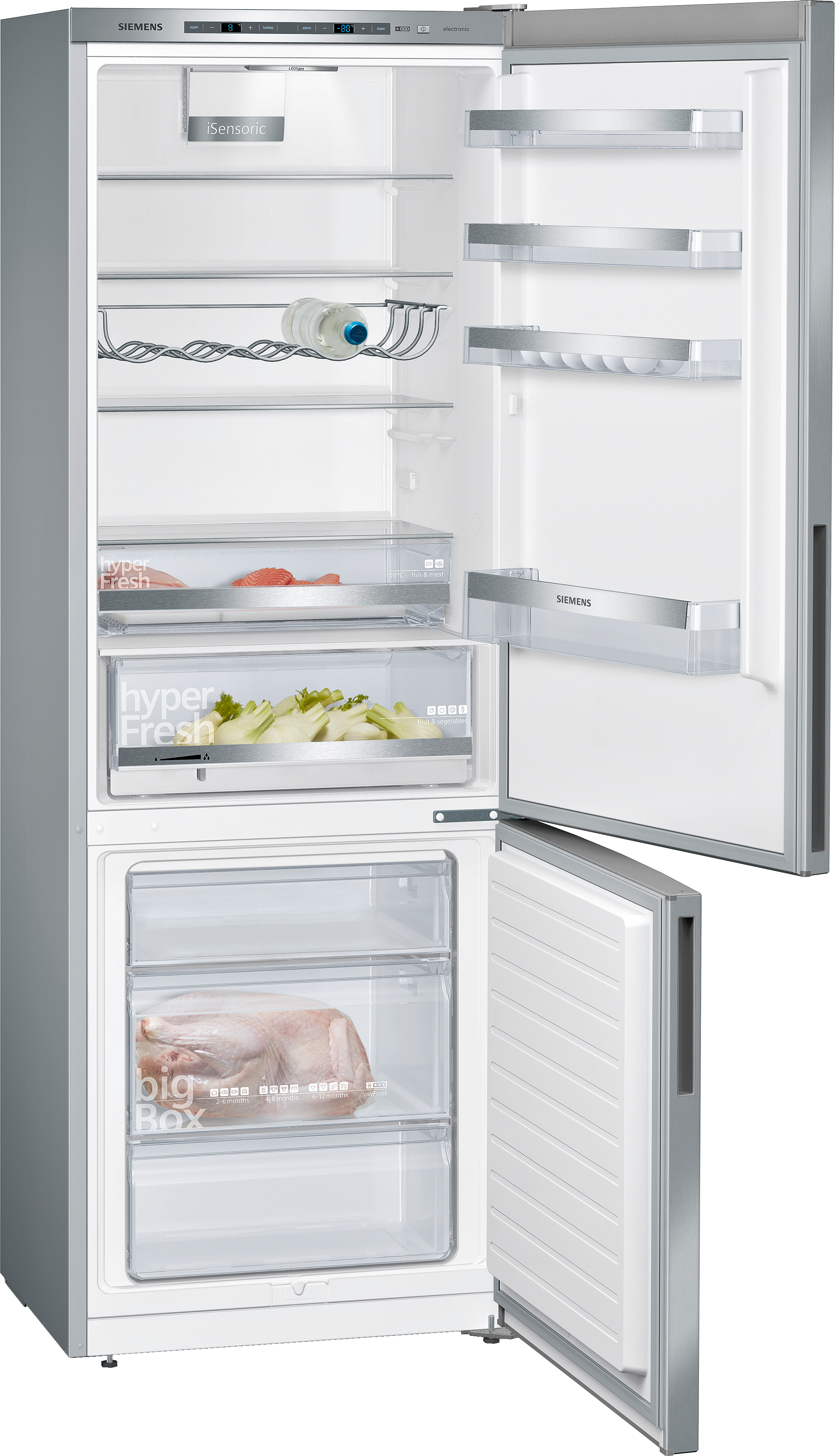 Siemens refrigerator, open, with shelves, freezer, and food items.