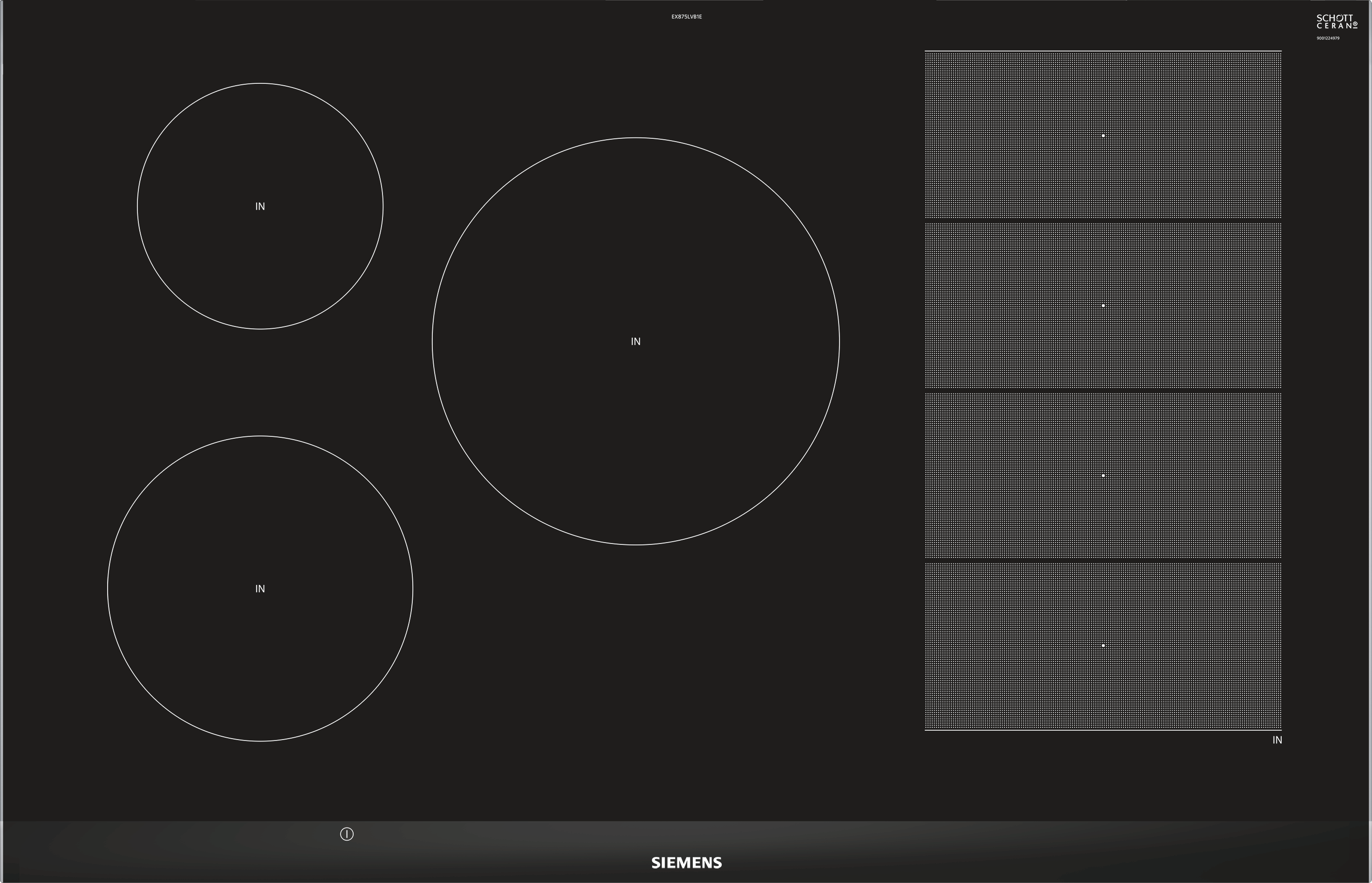 Table de cuisson à induction Siemens noire avec quatre zones. Quatre cercles blancs indiquent les zones.