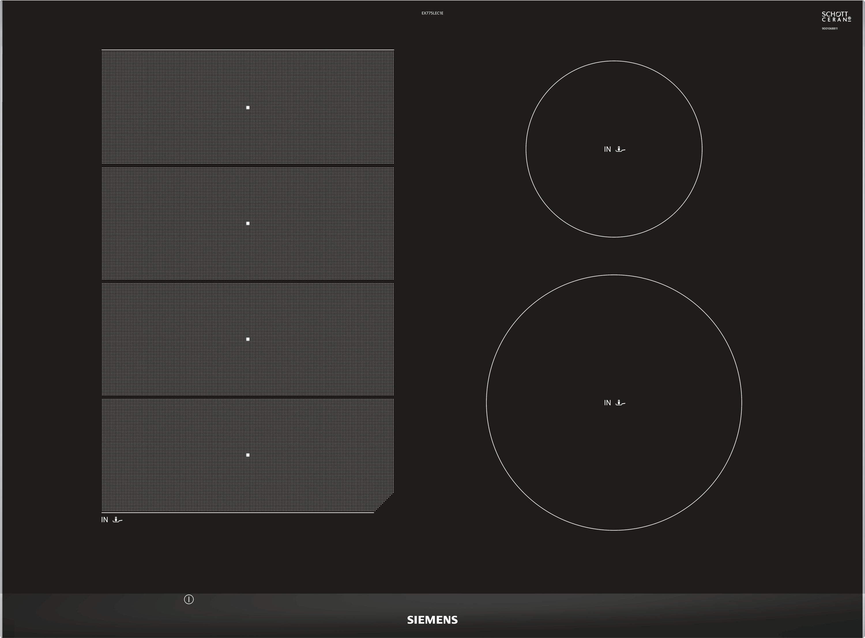 Table de cuisson à induction noire avec quatre zones de cuisson rectangulaires et deux circulaires. Logo Siemens visible.