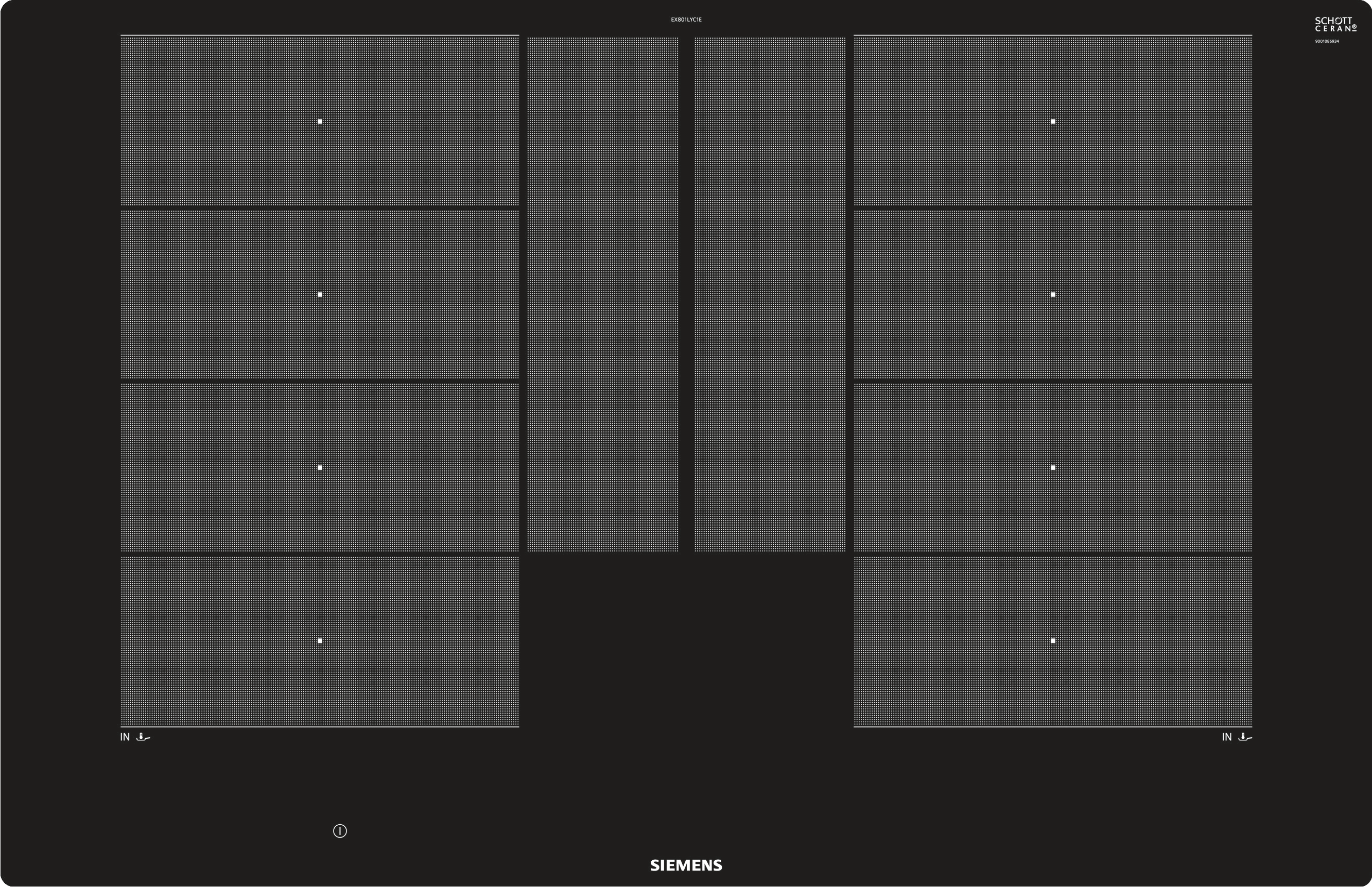A black induction cooktop with gray cooking zones on black surface.
