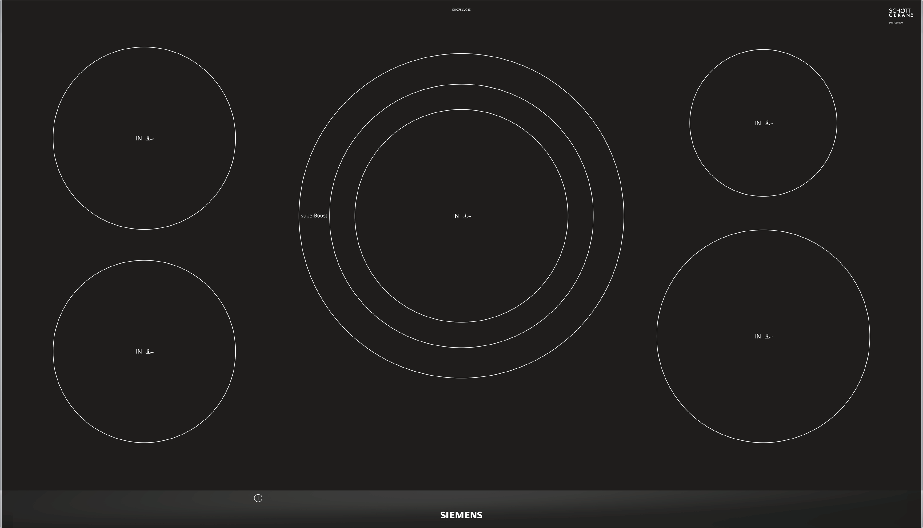 Table de cuisson électrique noire avec cinq éléments chauffants circulaires.