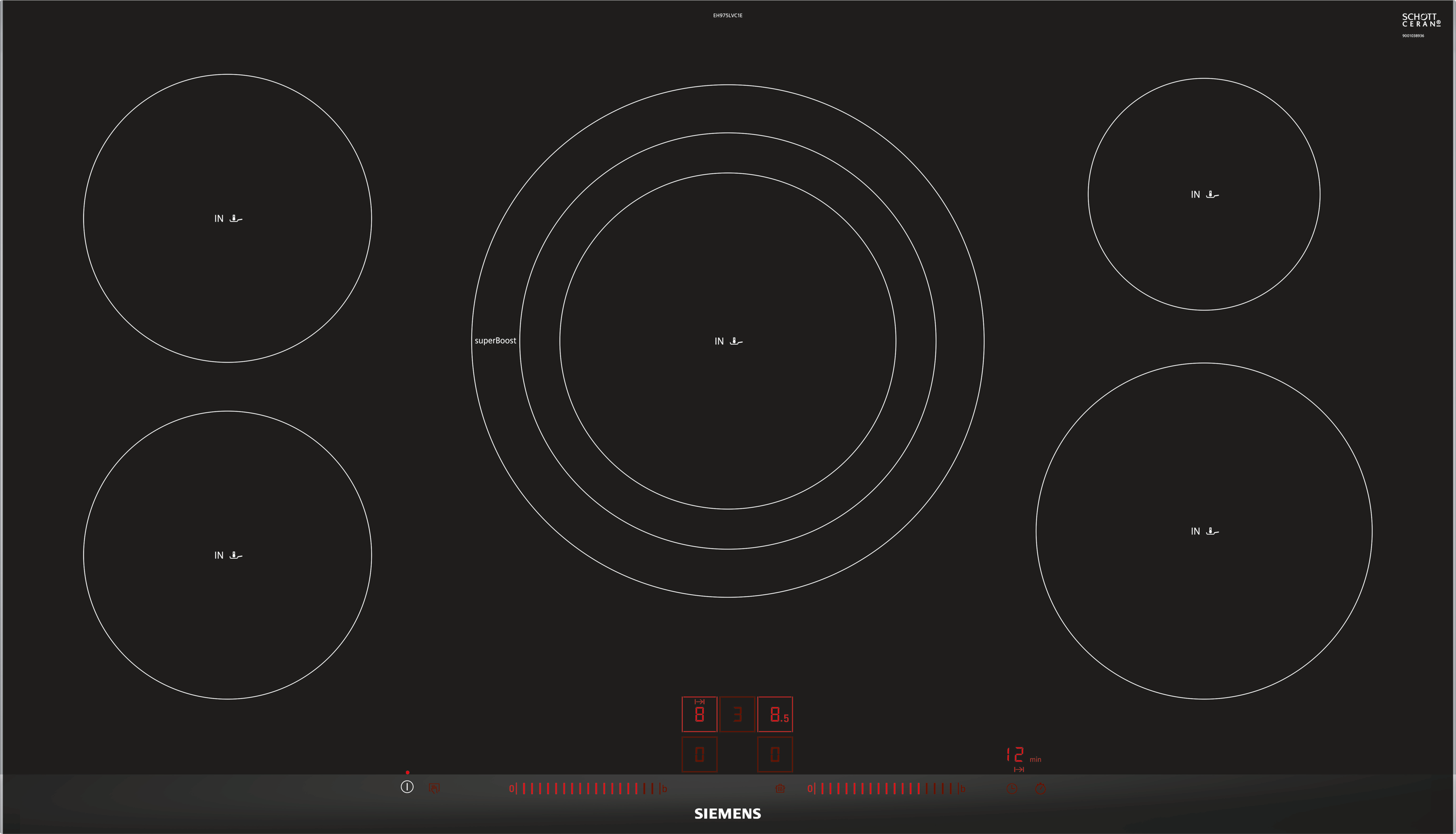 Table de cuisson électrique noire avec cinq brûleurs circulaires et affichage numérique.