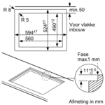 A top-down view of a cooktop schematic with dimensions in millimeters.