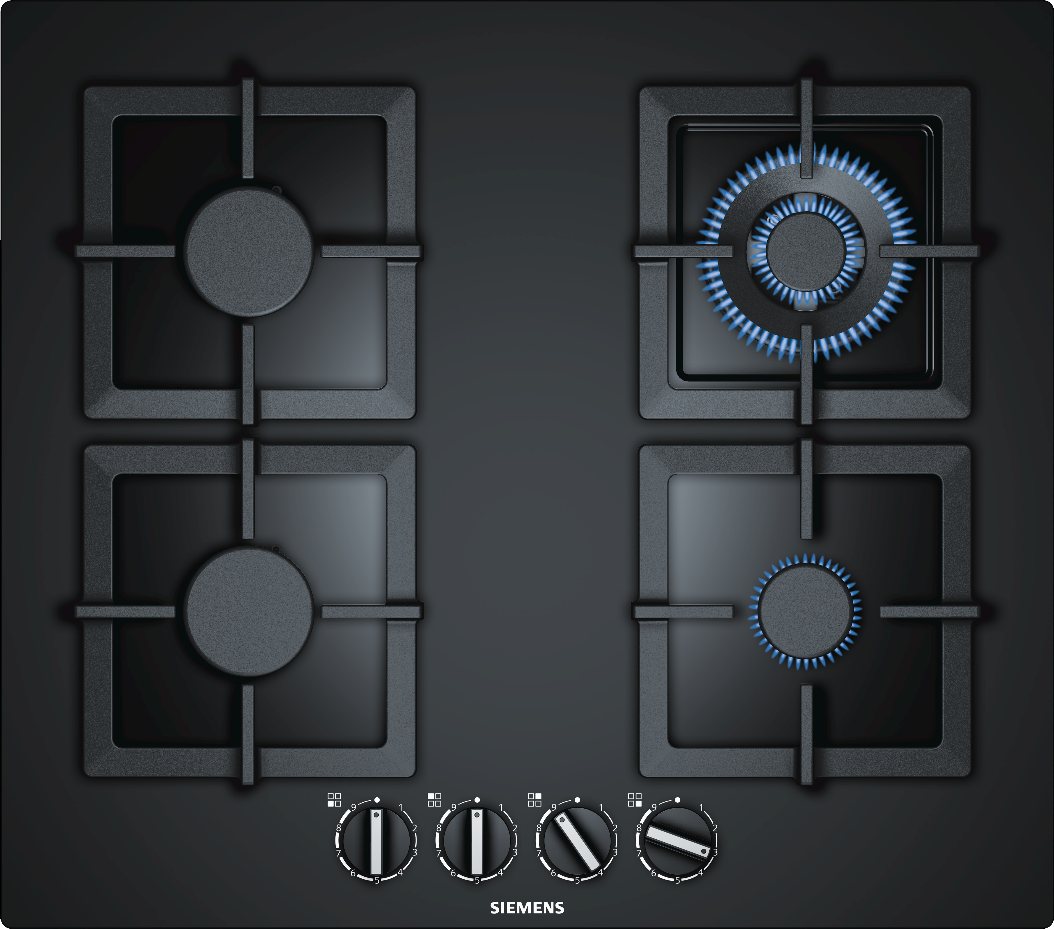 Black Siemens gas hob with four burners, knobs, and the Siemens logo.
