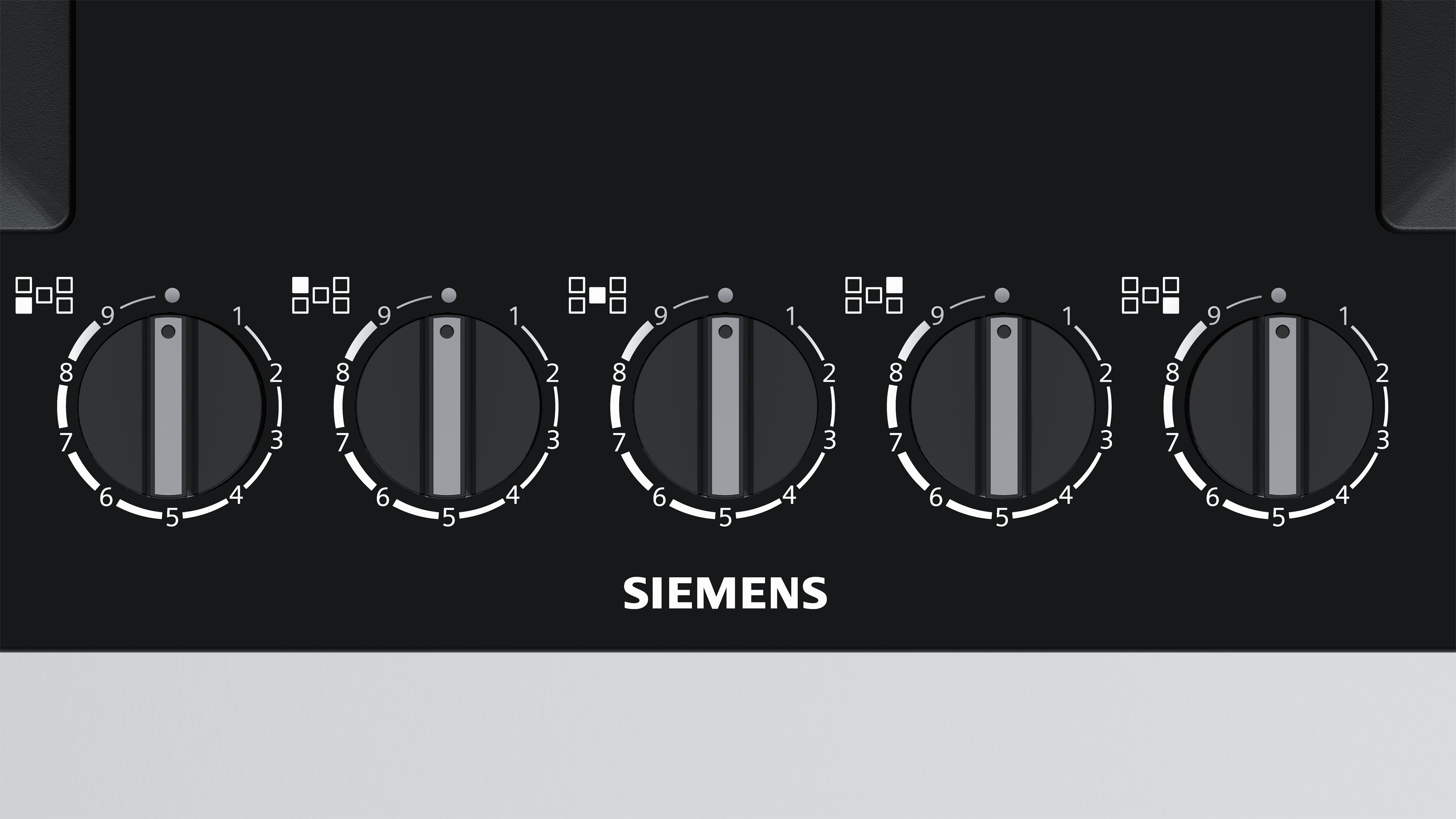 A black cooktop control panel with five circular control knobs and the SIEMENS logo.