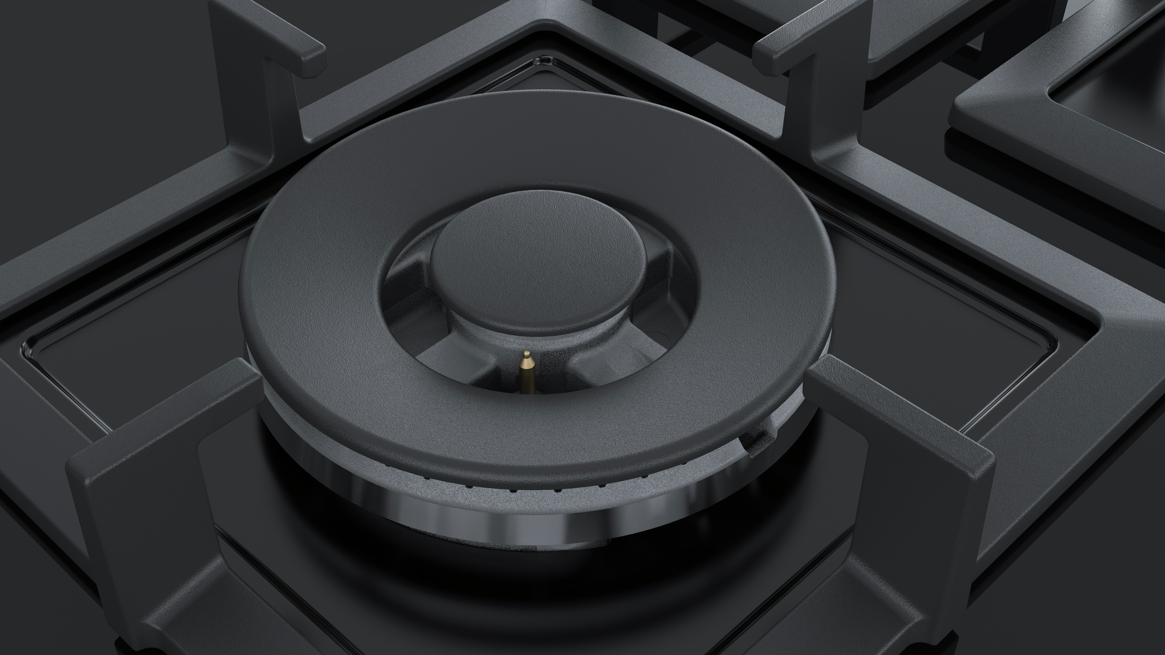 Close-up of a gas stove burner with black grates and a black burner ring. Shows a burner with a central knob.