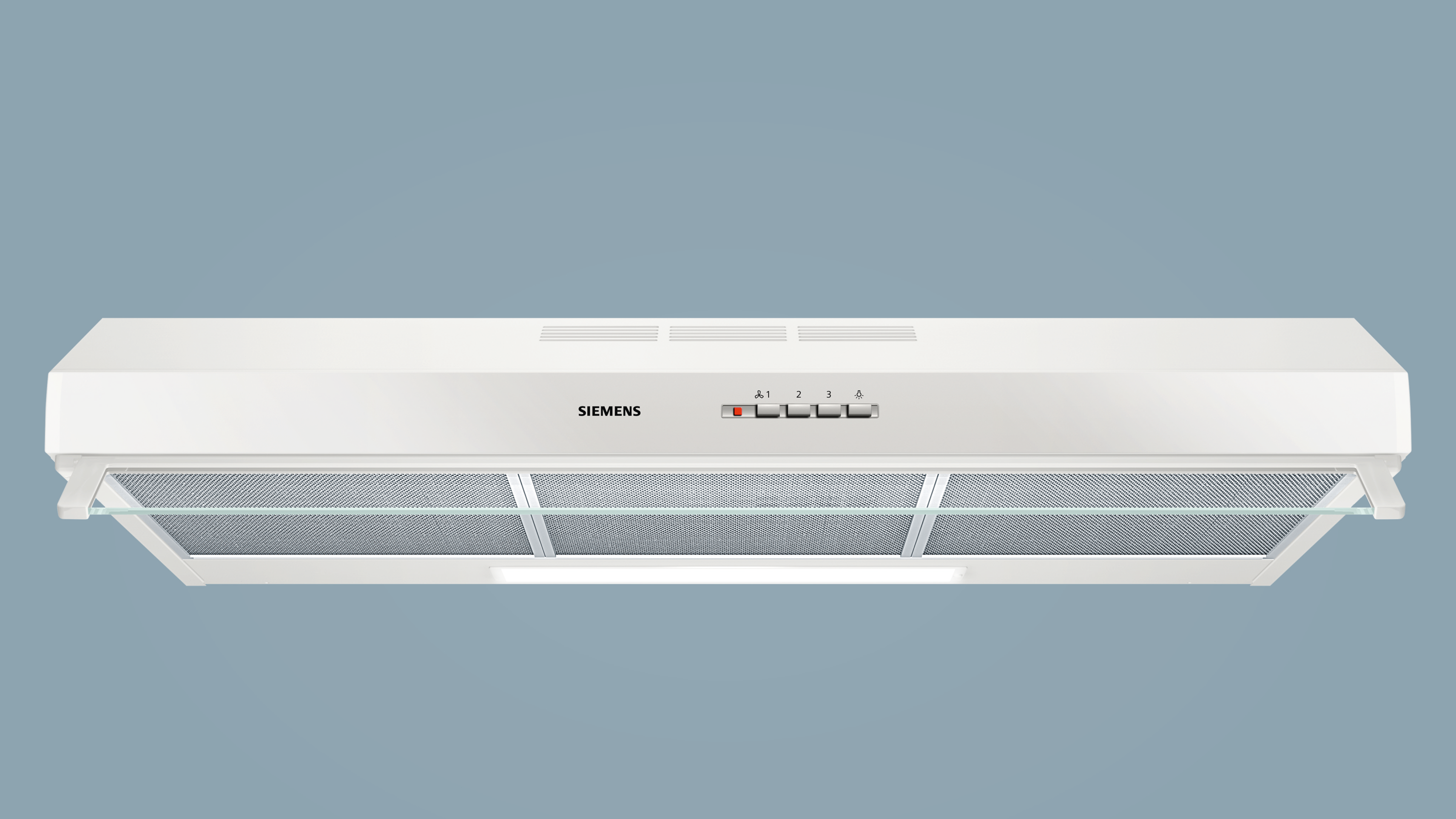 A white Siemens range hood with buttons and a light, on a blue background.