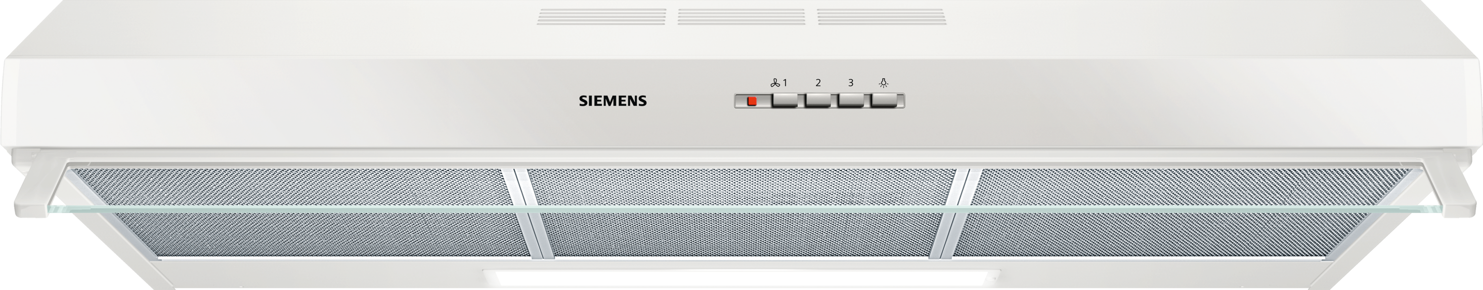 White Siemens range hood with buttons and vents. Silver accents. Clean, modern design.