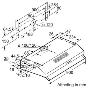 Isometric view of range hood with dimensions in mm.
