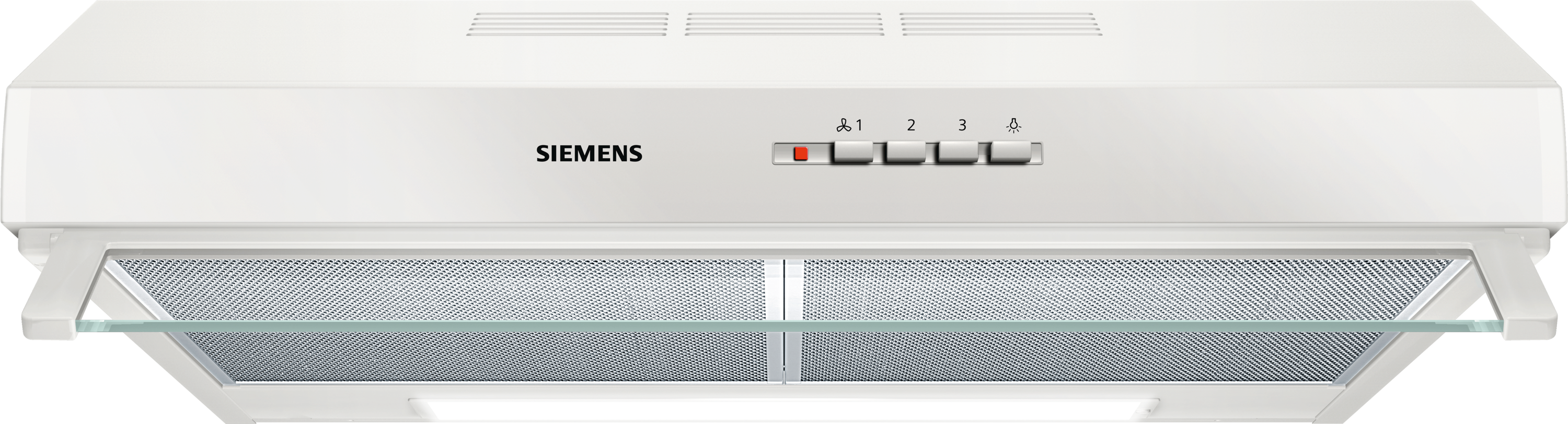 Witte Siemens afzuigkap met knoppen en ventilatie. Heeft een glazen plank.