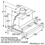 Technical drawing of a kitchen hood with dimensions in mm, showing its design and parts.