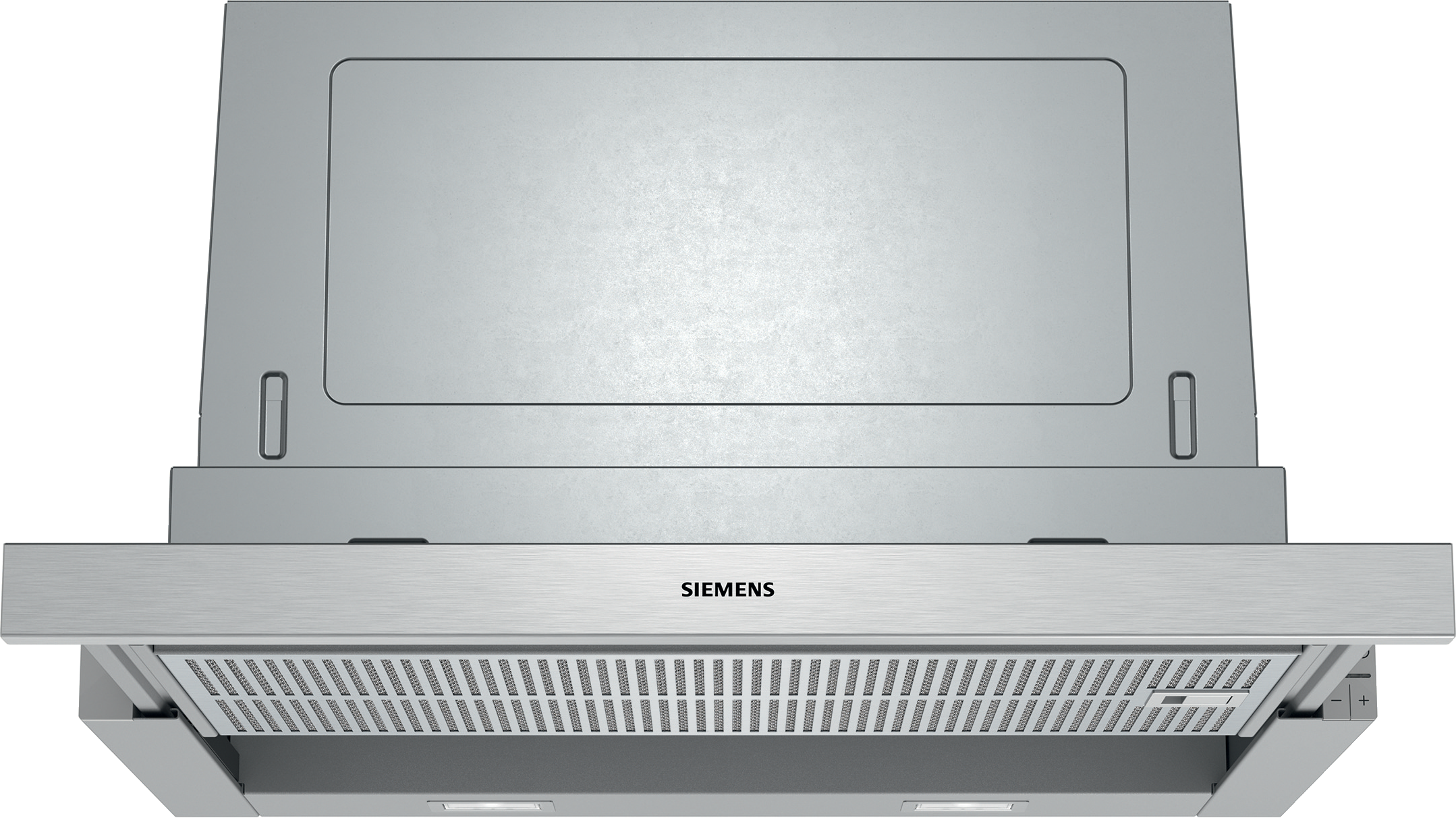 A stainless steel Siemens range hood with a visible filter and the brand's logo.