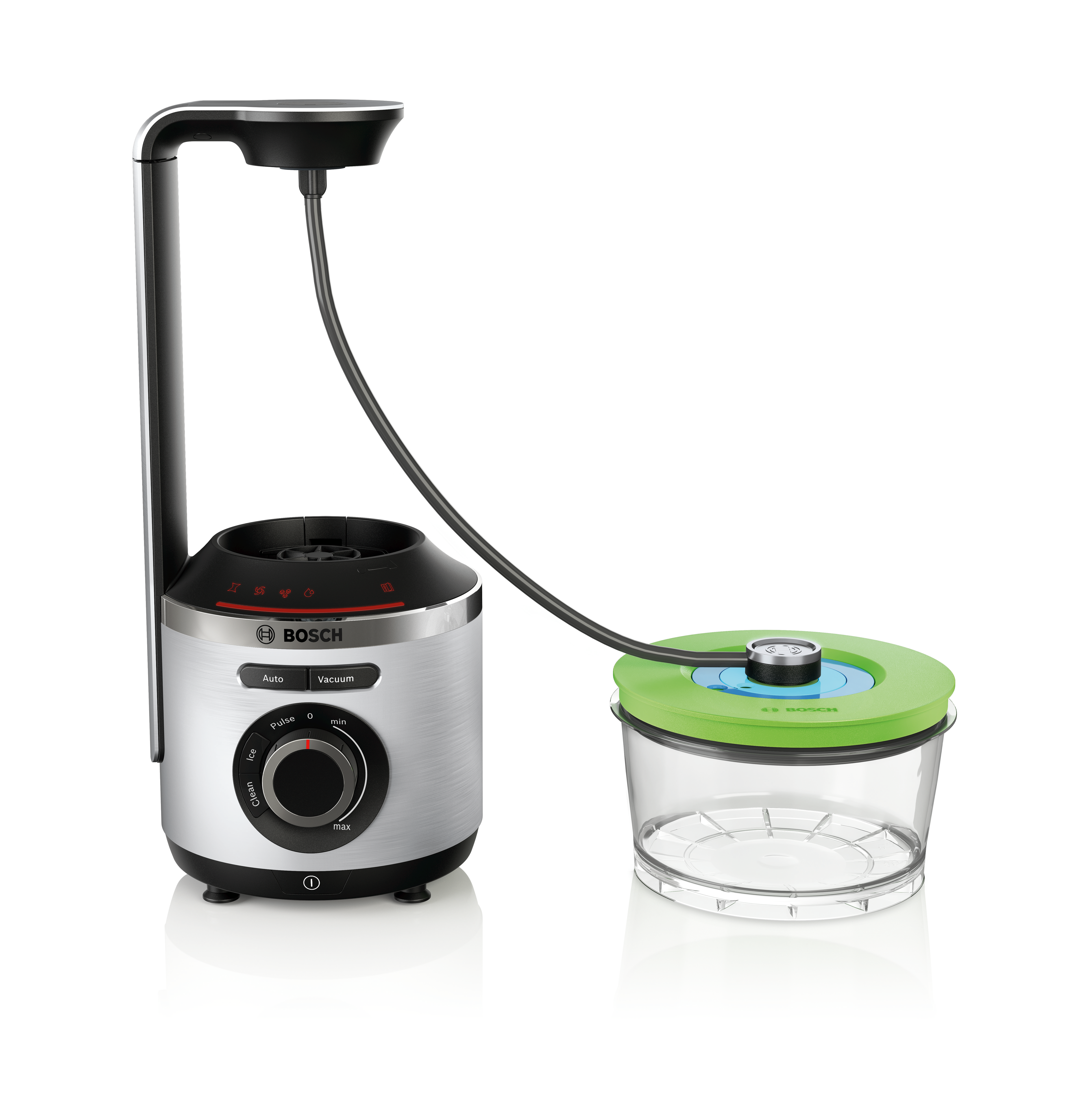 Bosch vacuum blender with attachments. Stainless steel and black design.
