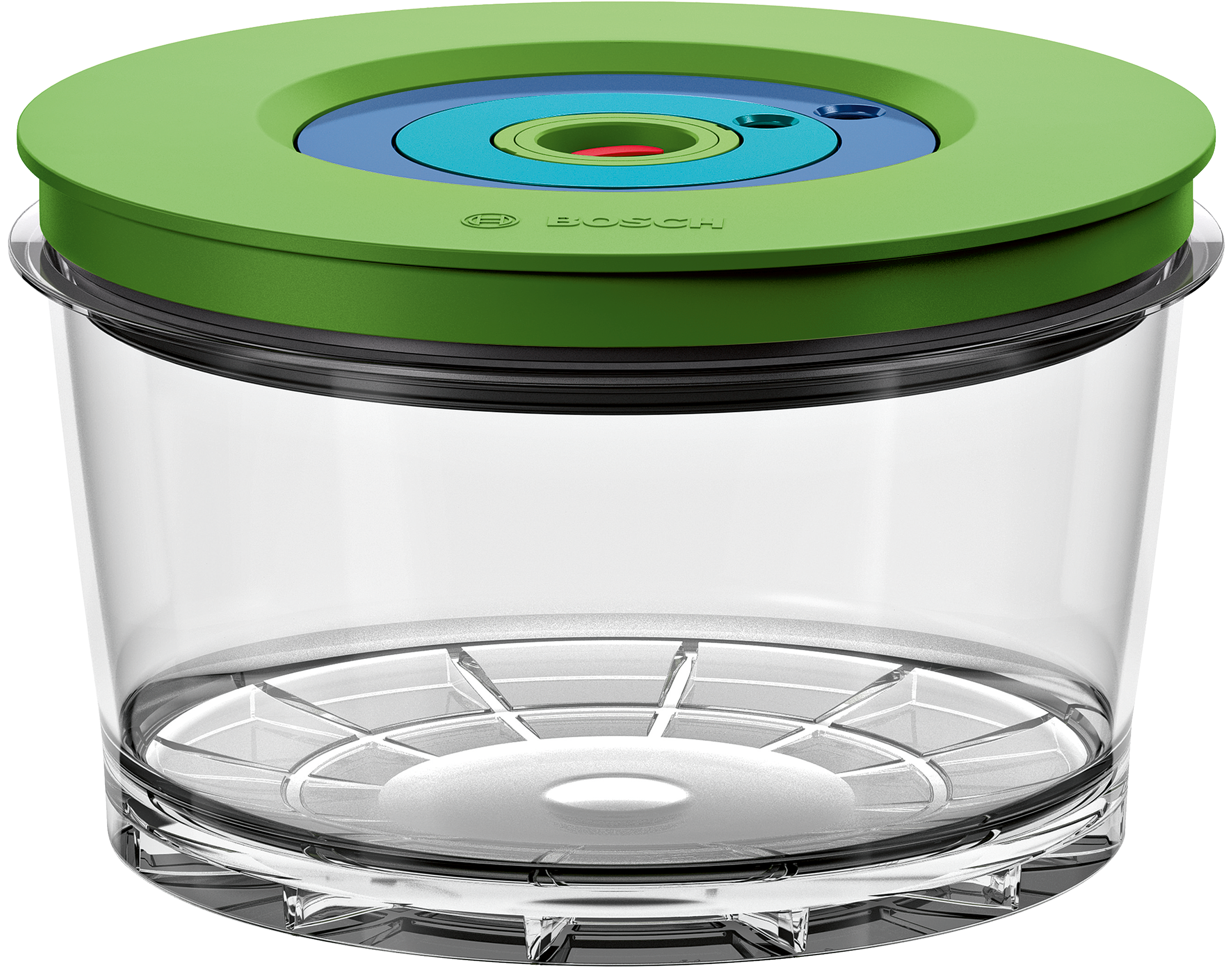 A clear plastic food container with a green lid, with the Bosch logo.