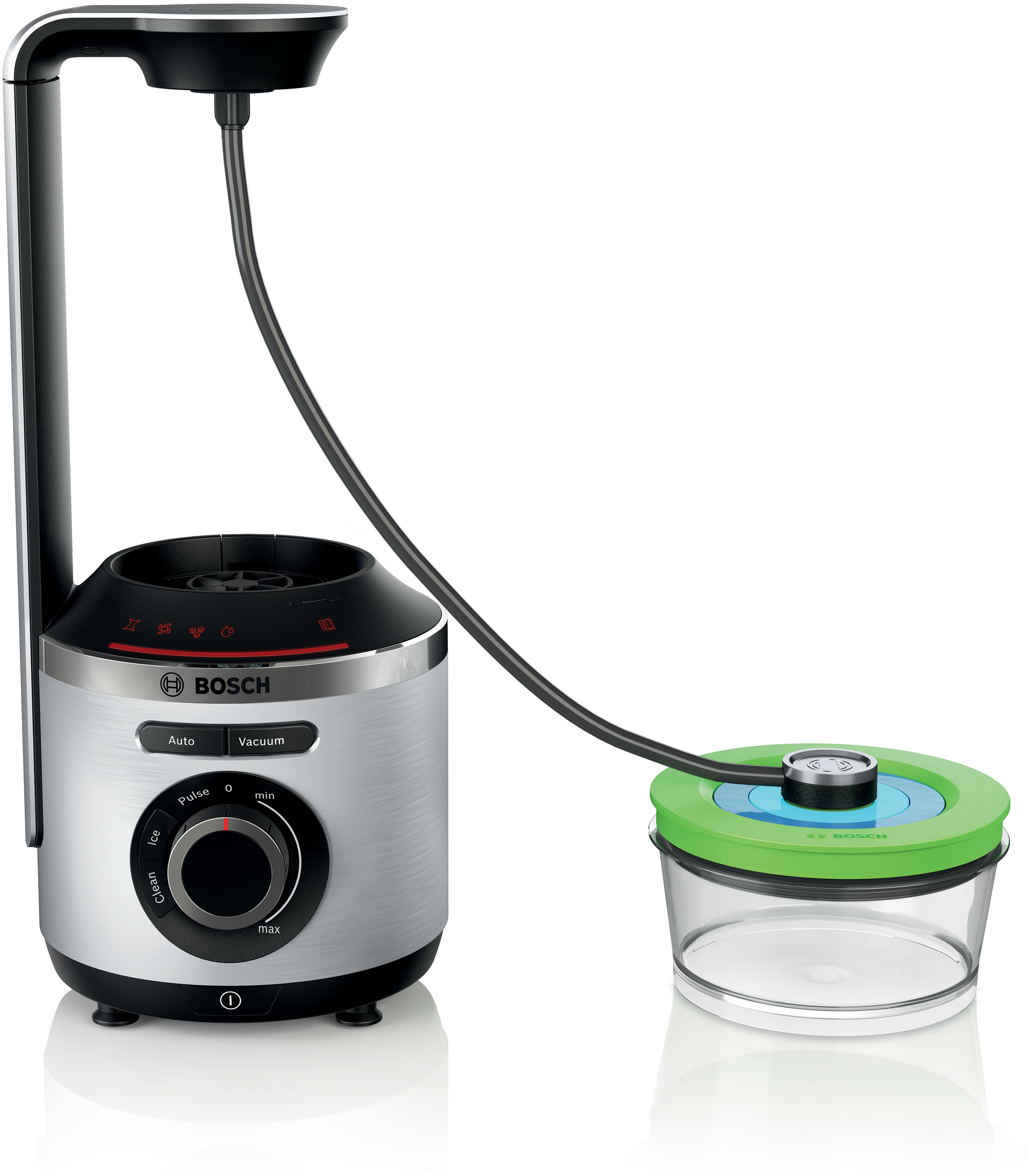 Een zilveren Bosch-blender met een zwarte handgreep en een vacuümafdichtingscontainer. De blender heeft een draaiknop en knoppen.