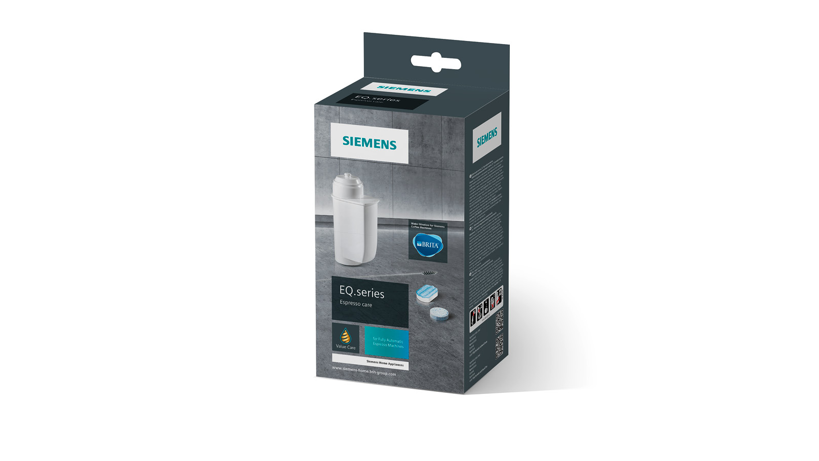 A white box with a filter inside, with text. It's a Siemens EQ. series product.