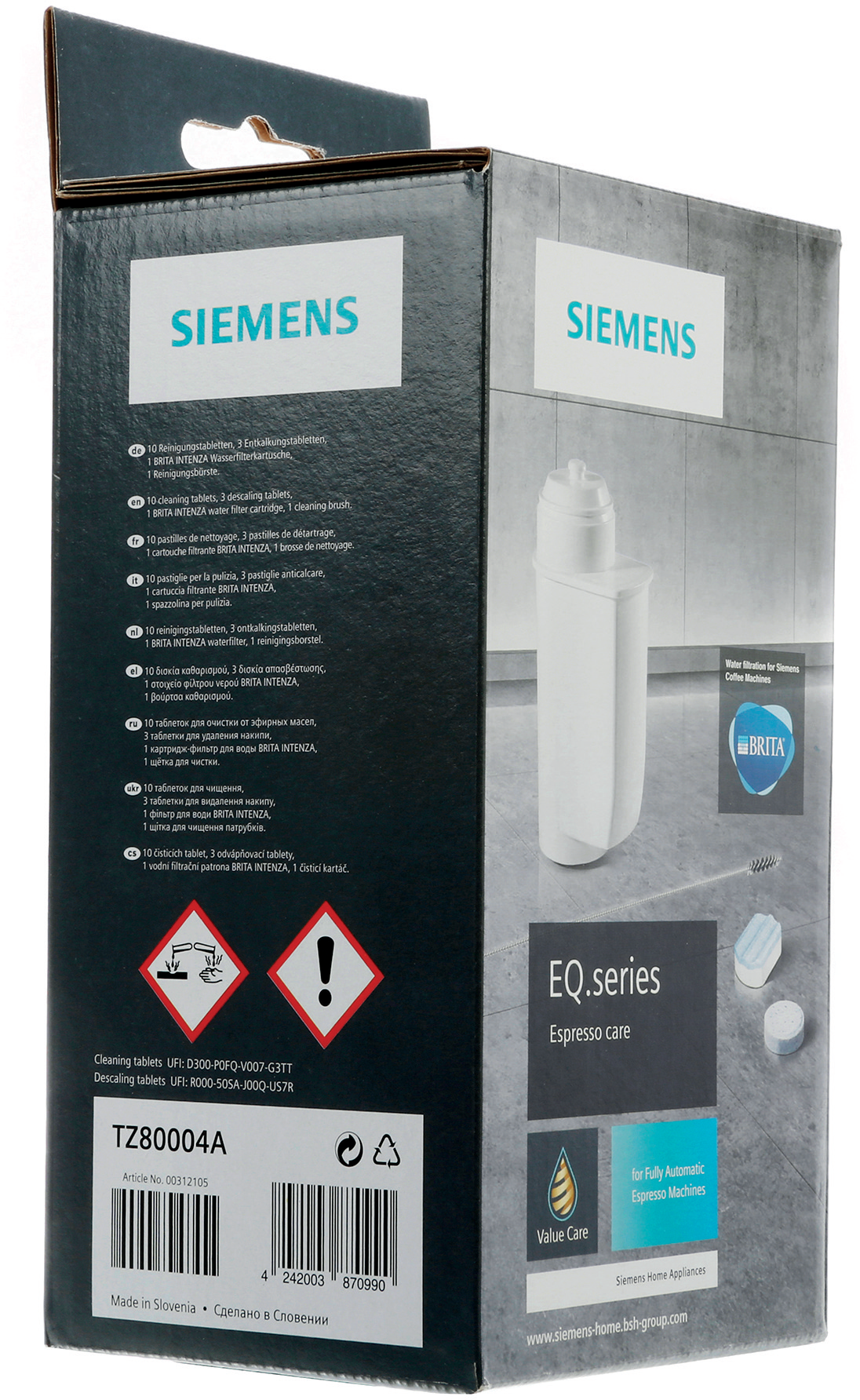 Siemens filter box, with cleaning and descaling tablets, and a water filter cartridge.