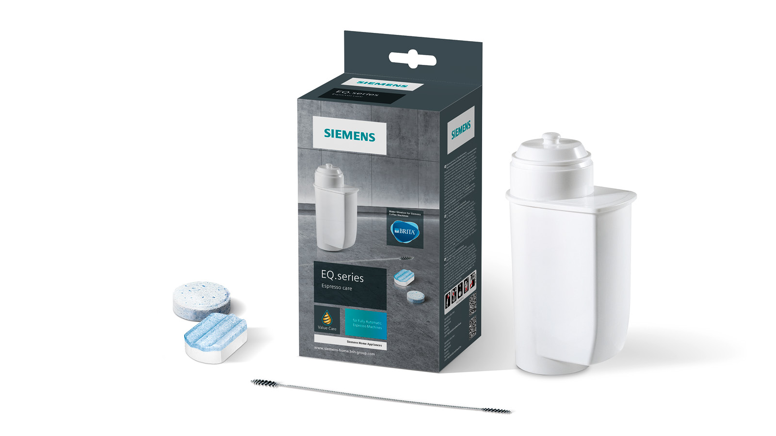 A box of Siemens EQ.series espresso care products, including tablets, a brush, and a filter.