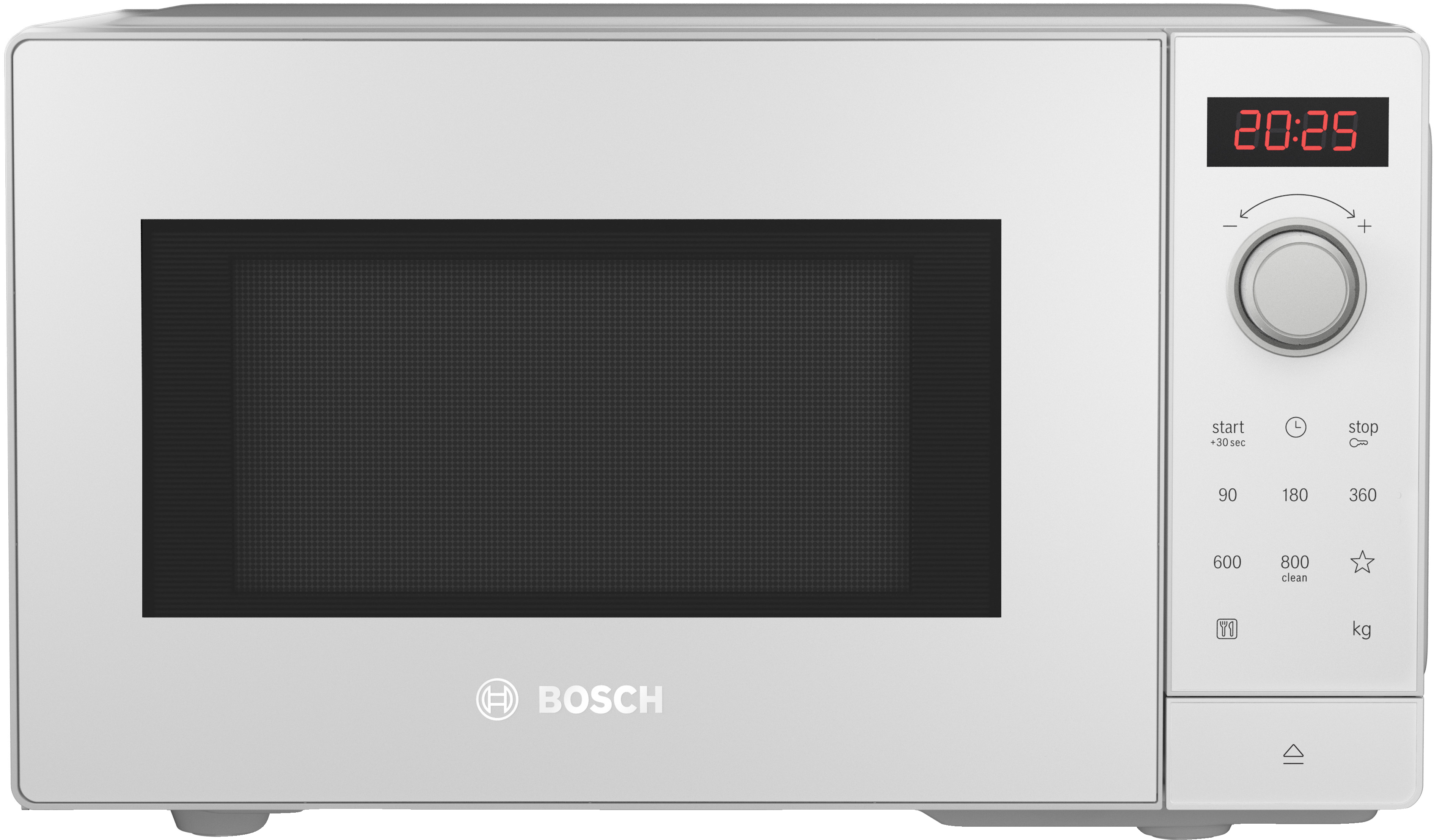Eine weiße Bosch-Mikrowelle mit digitalem Display, einem Drehregler und Touch-Tasten auf der rechten Seite.