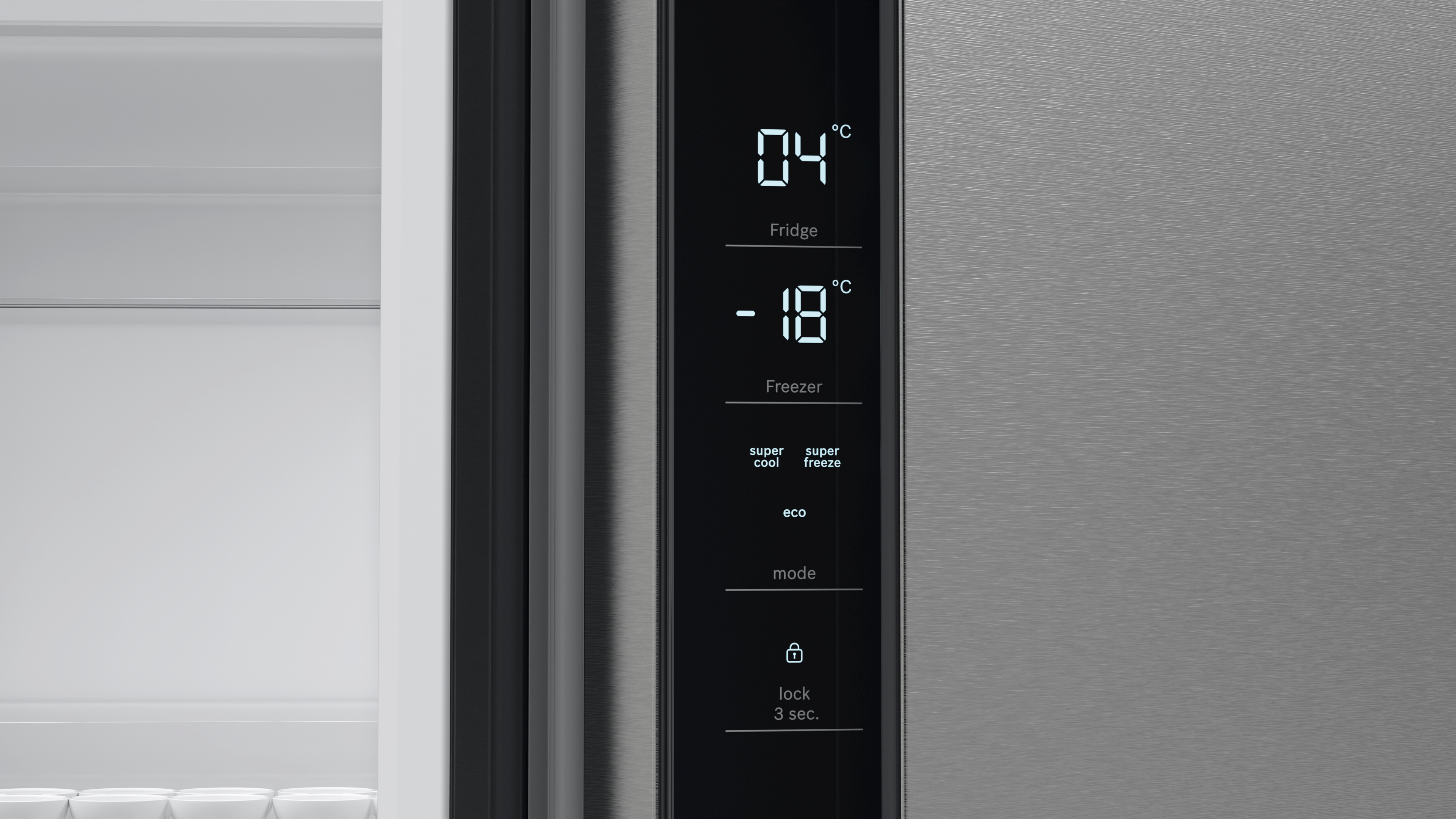 Nahaufnahme eines Kühlschirmbildschirms, der die Temperatur in Grad Celsius anzeigt.