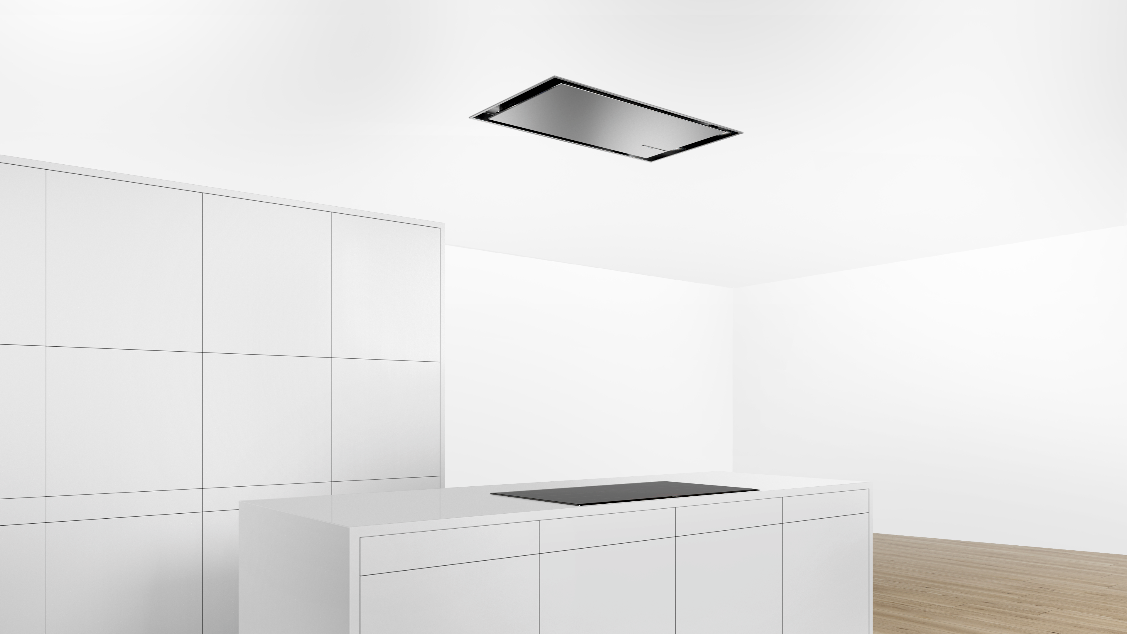 Eine weiße Dunstabzugshaube mit Knöpfen und einem Glasregal.