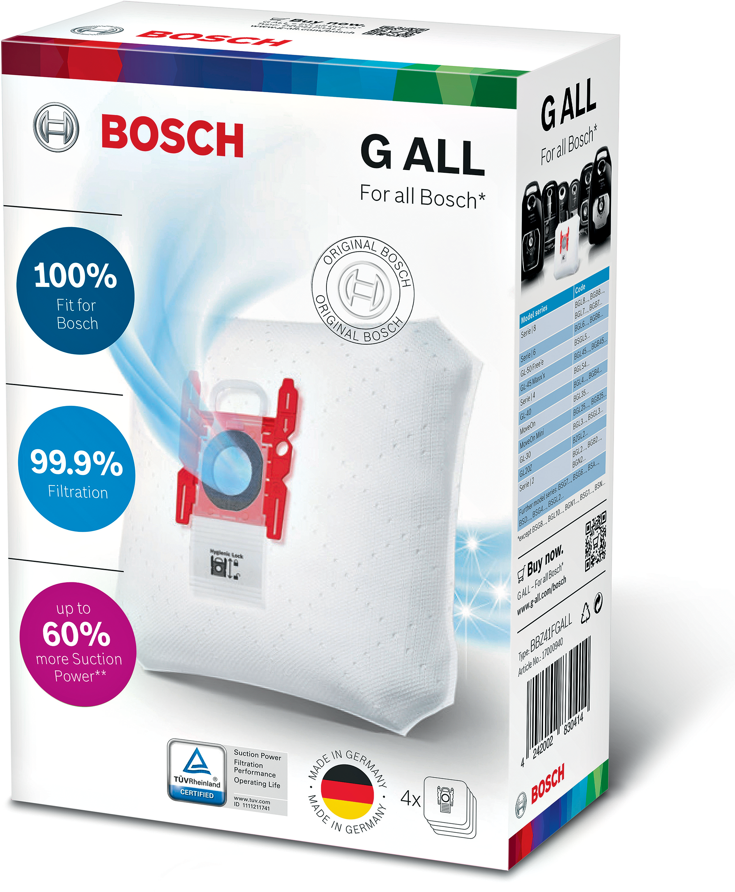 Doos met Bosch stofzuigerzakken. Witte zak op een wit-groene doos met tekst en logo's.