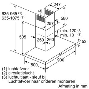 Diagramme d'une hotte de cuisine, montrant les dimensions et les composants du flux d'air.