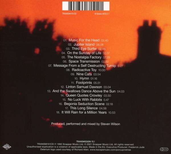 Achterkant van een cd-hoesje met een tracklist met songtitels en een silhouet van een huis.