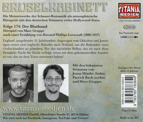 Buchcover mit deutschem Text. Enthält zwei Männer und Text über eine Horrorgeschichte namens 'Gruselkabinett'.