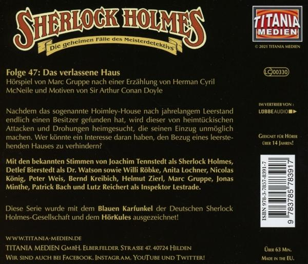 Sherlock Holmes Audio-CD-Cover. Text auf Deutsch, Titania Medien Logo und ein Barcode.