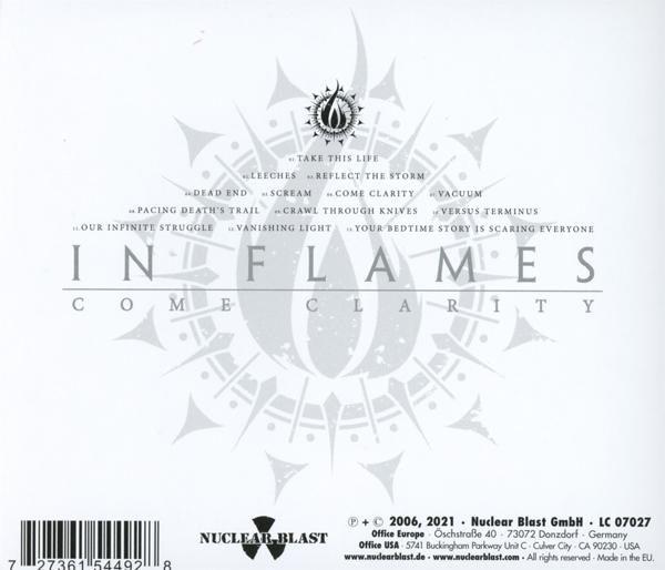 Rückseite der In Flames CD 'Come Clarity' mit Titelliste und Bandlogo. Text auf weißem Hintergrund.