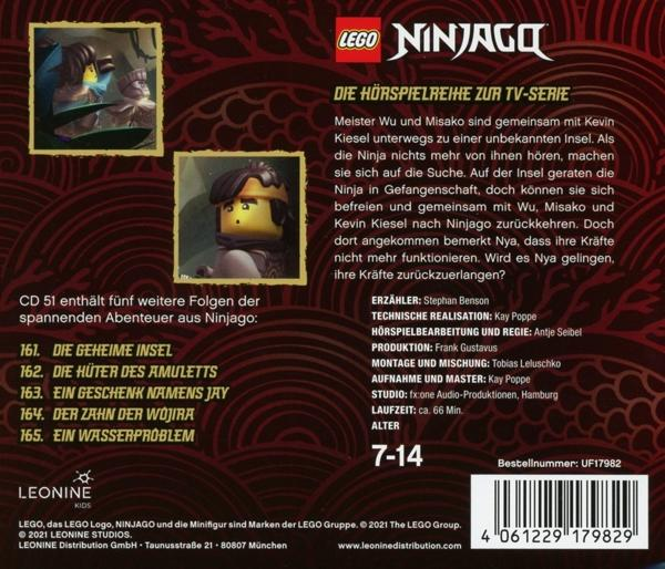 Rückseite einer Ninjago Audio-CD mit Text und Bildern von Charakteren und Szenen aus der Show.