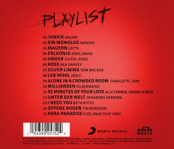 Roter Einband eines Musikalbums mit einer Playlist von Songtiteln.