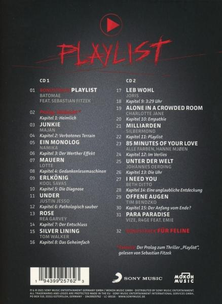 Rückseite einer CD mit einer Playlist, mit Titeln und Künstlernamen auf dunklem Hintergrund.