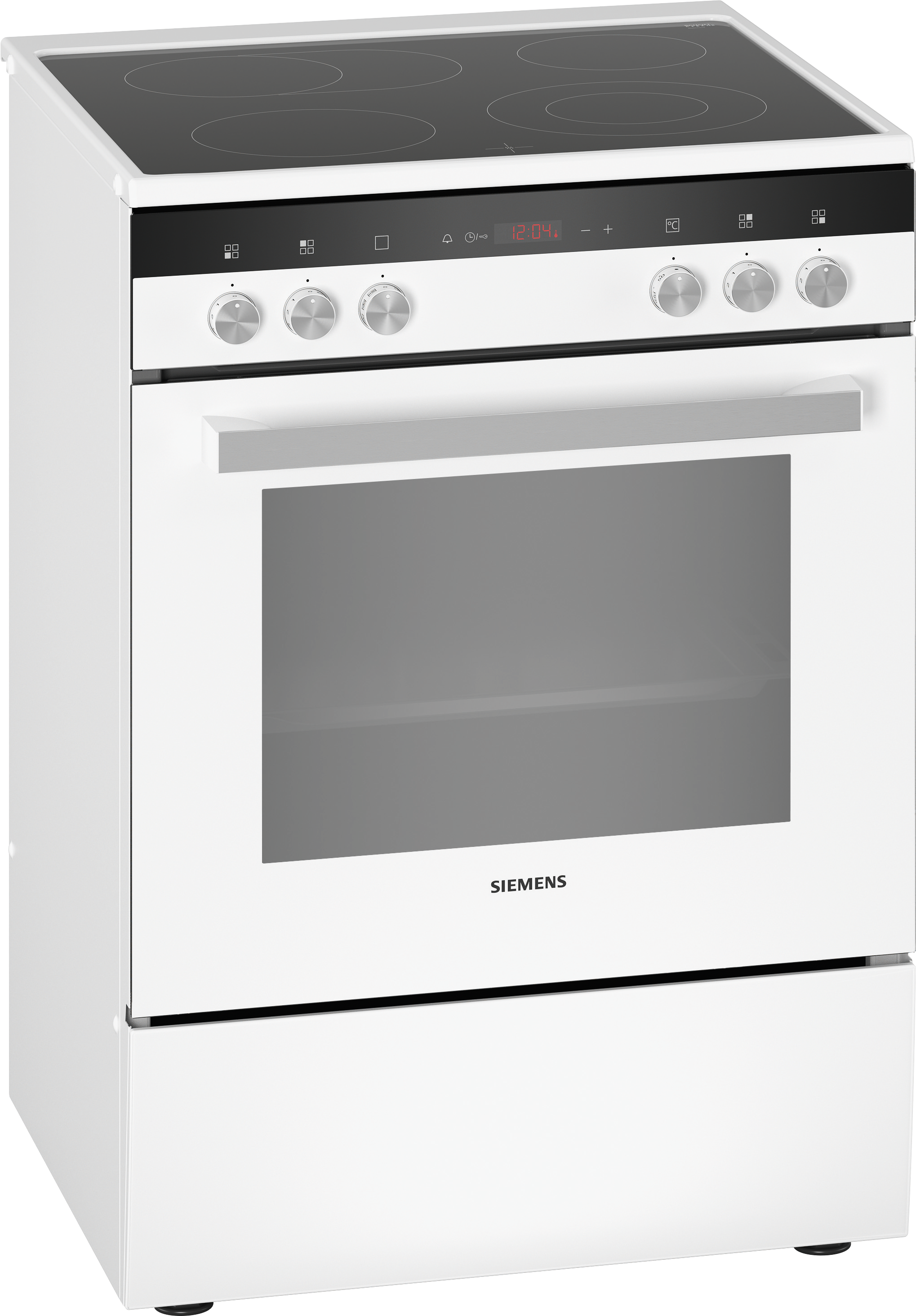 Weißer Elektrobackofen mit schwarzem Kochfeld, mit Bedienelementen und Digitaluhr.