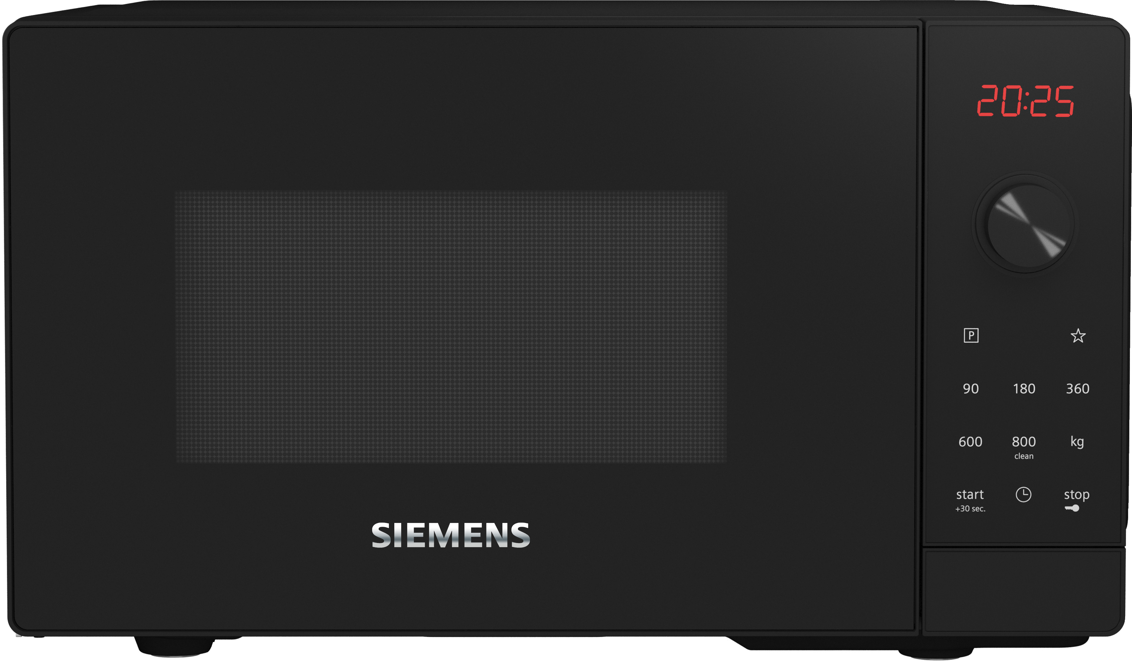 Schwarze Siemens Mikrowelle mit digitalem Display und Drehknopf auf der rechten Seite.