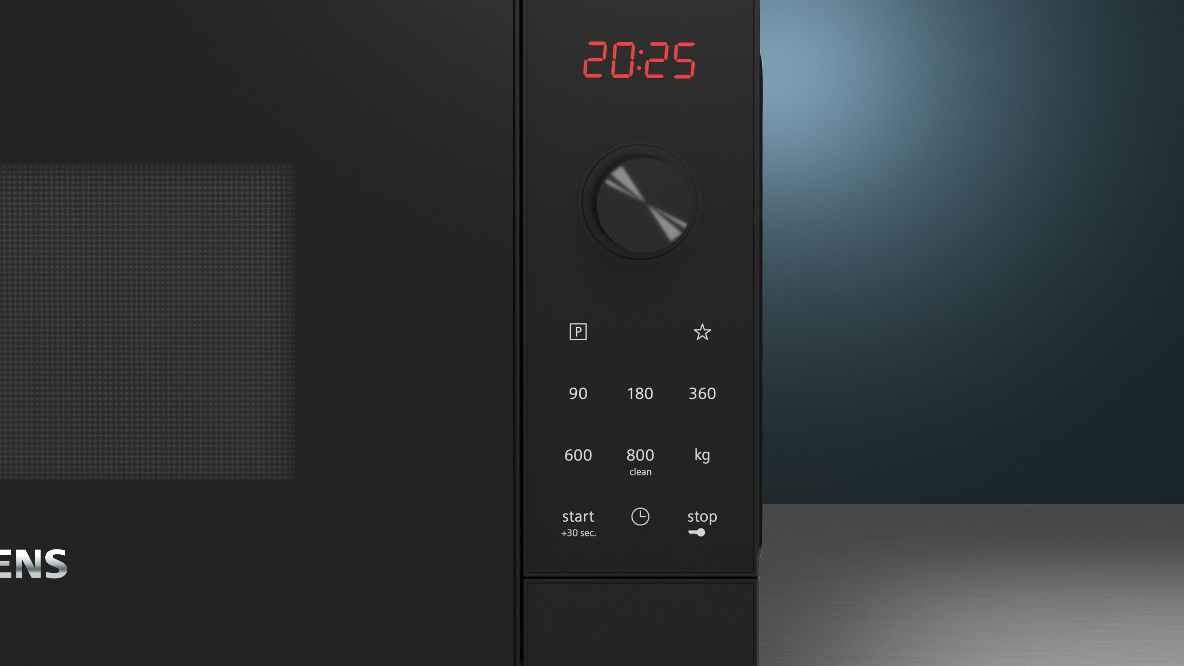 Schwarze Mikrowelle mit rotem LED-Display, Drehregler und Touch-Bedienfeld.