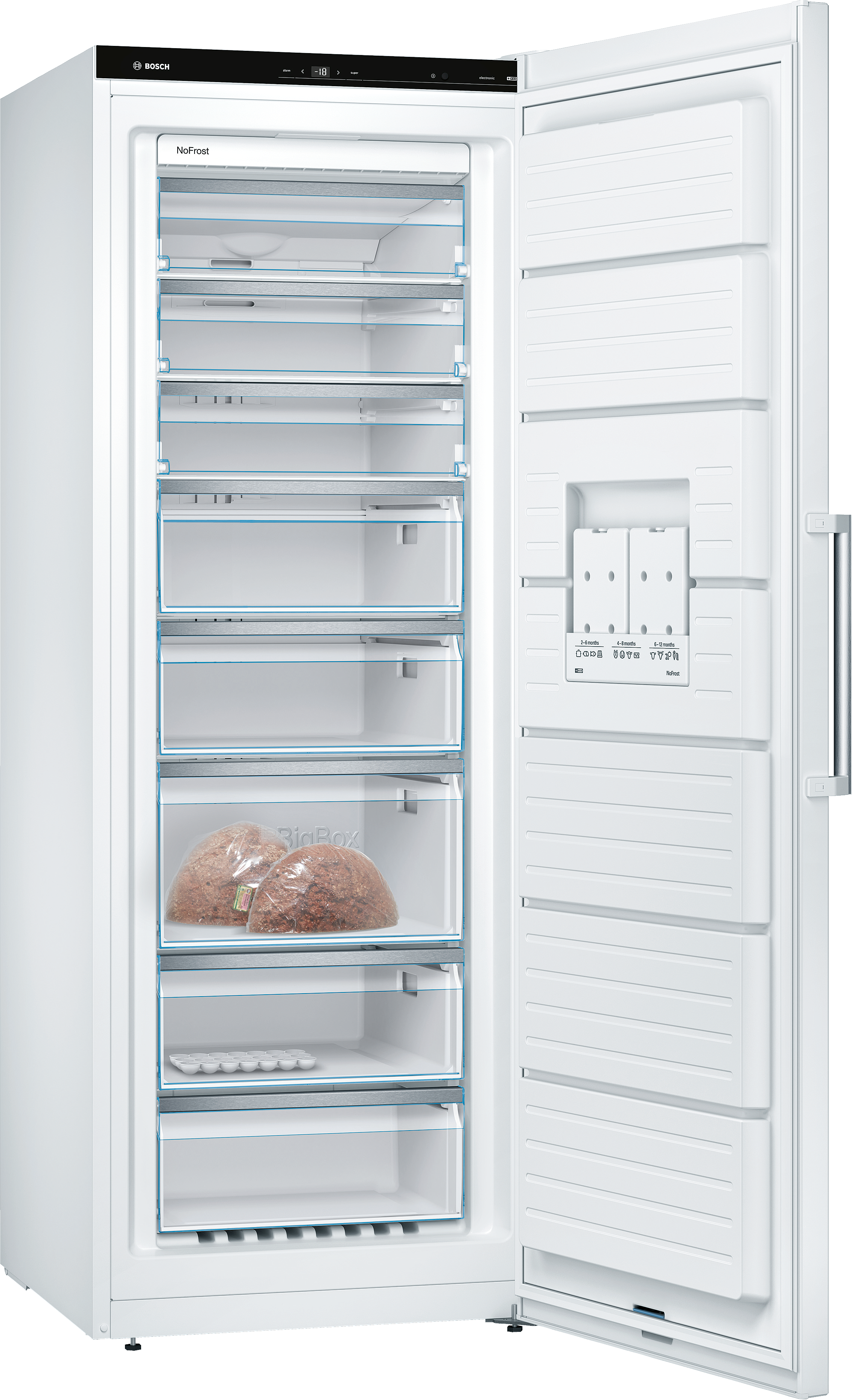 Geöffneter weißer Bosch-Kühlschrank mit Innenregalen, Schubladen und Lebensmitteln in der BigBox.