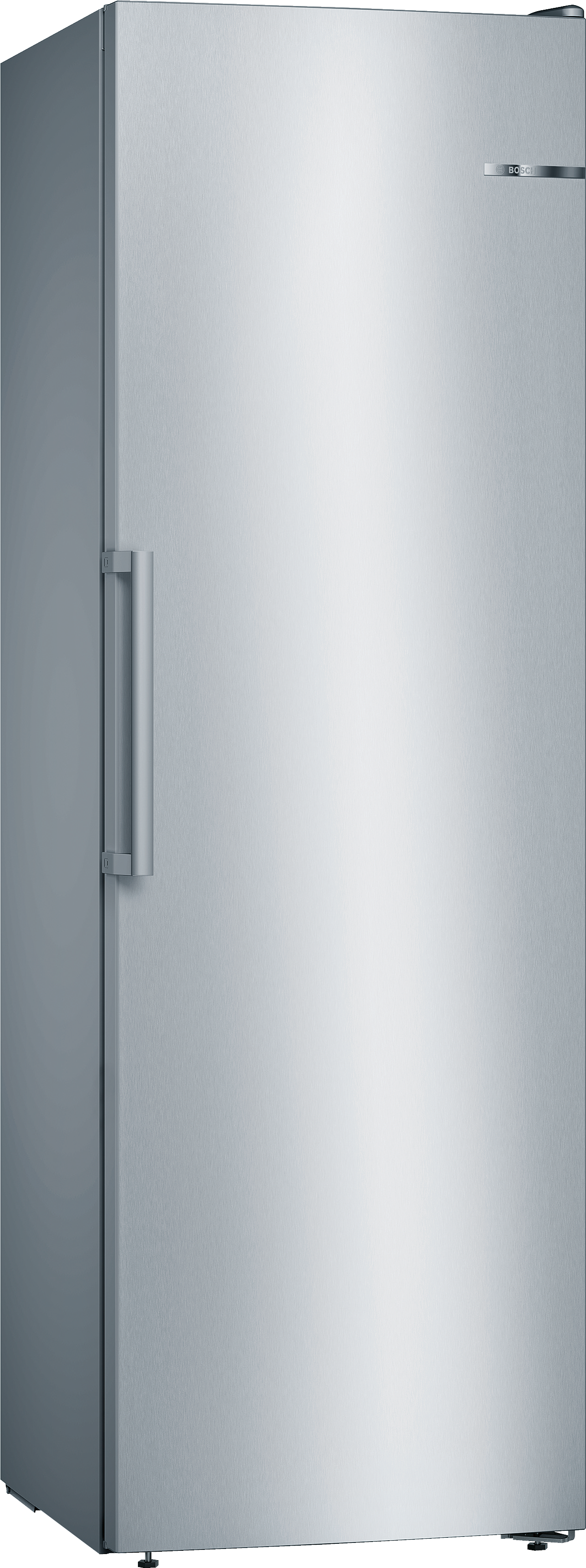 Edelstahlkühlschrank, hoch und aufrecht stehend, mit Griff auf der linken Seite.